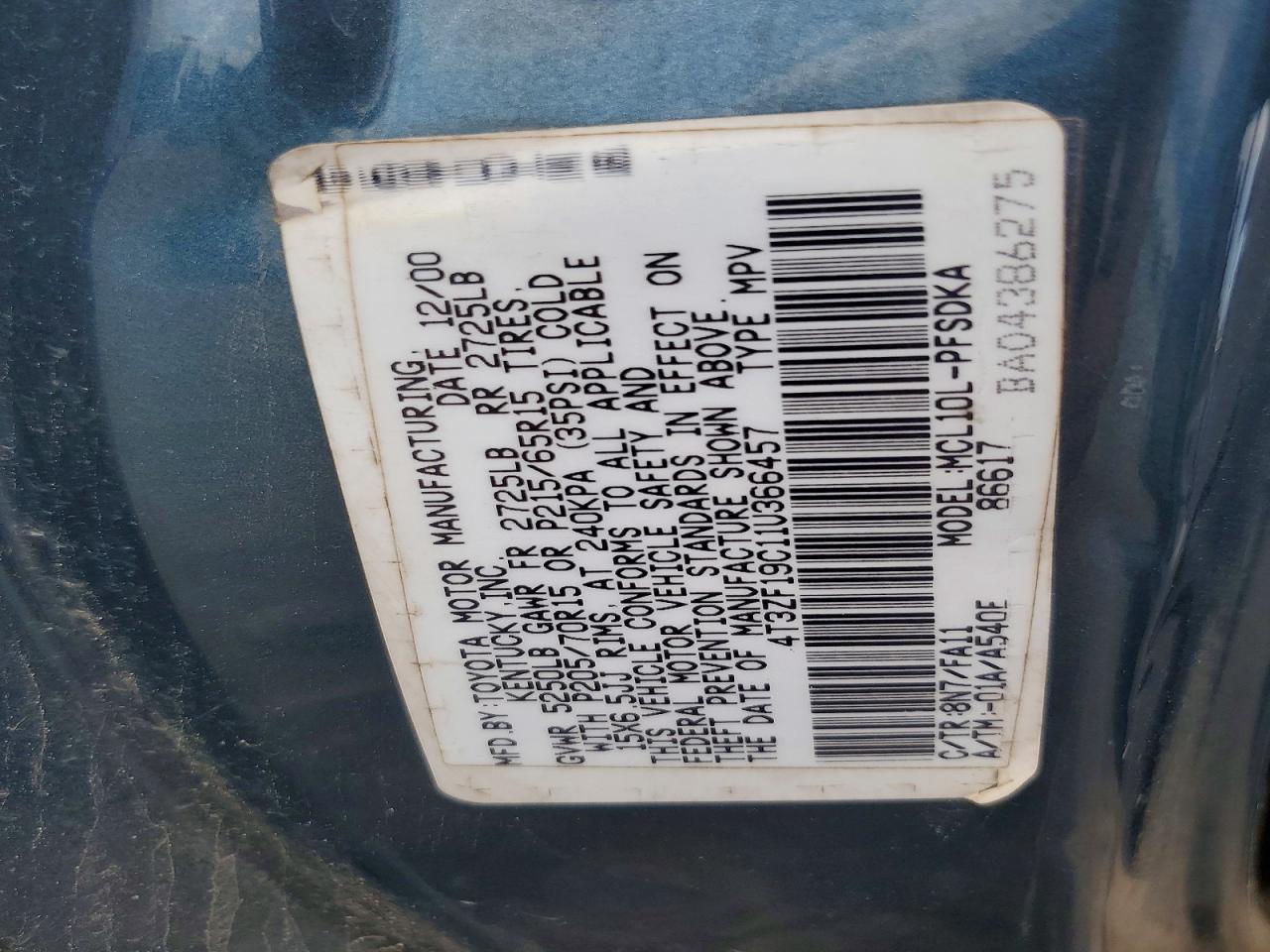 2001 Toyota Sienna Ce Blue vin: 4T3ZF19C11U366457