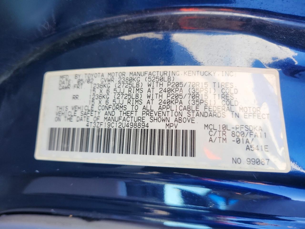 2002 Toyota Sienna Ce Blue vin: 4T3ZF19C12U498894