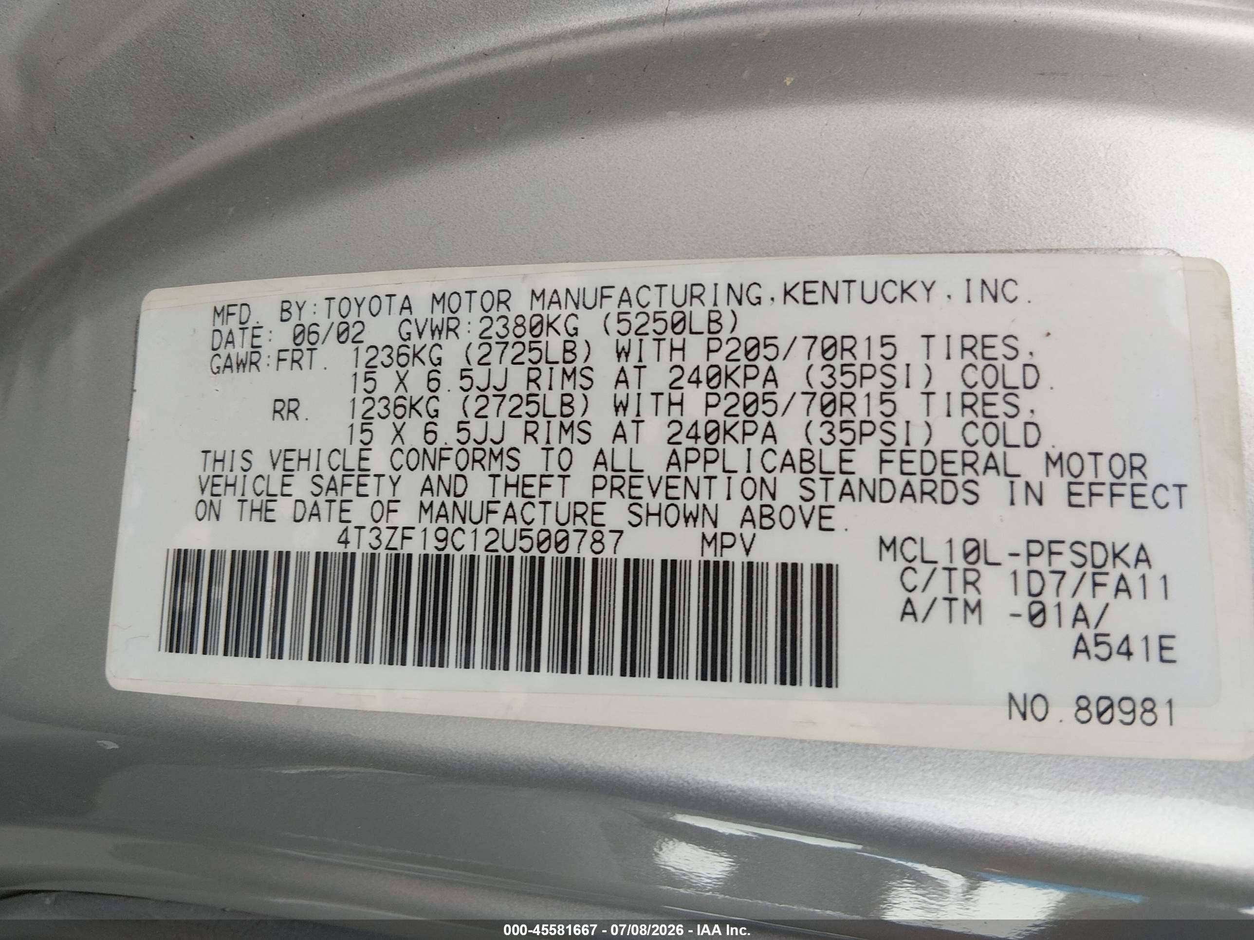 2002 Toyota Sienna Ce Champagne vin: 4T3ZF19C12U500787