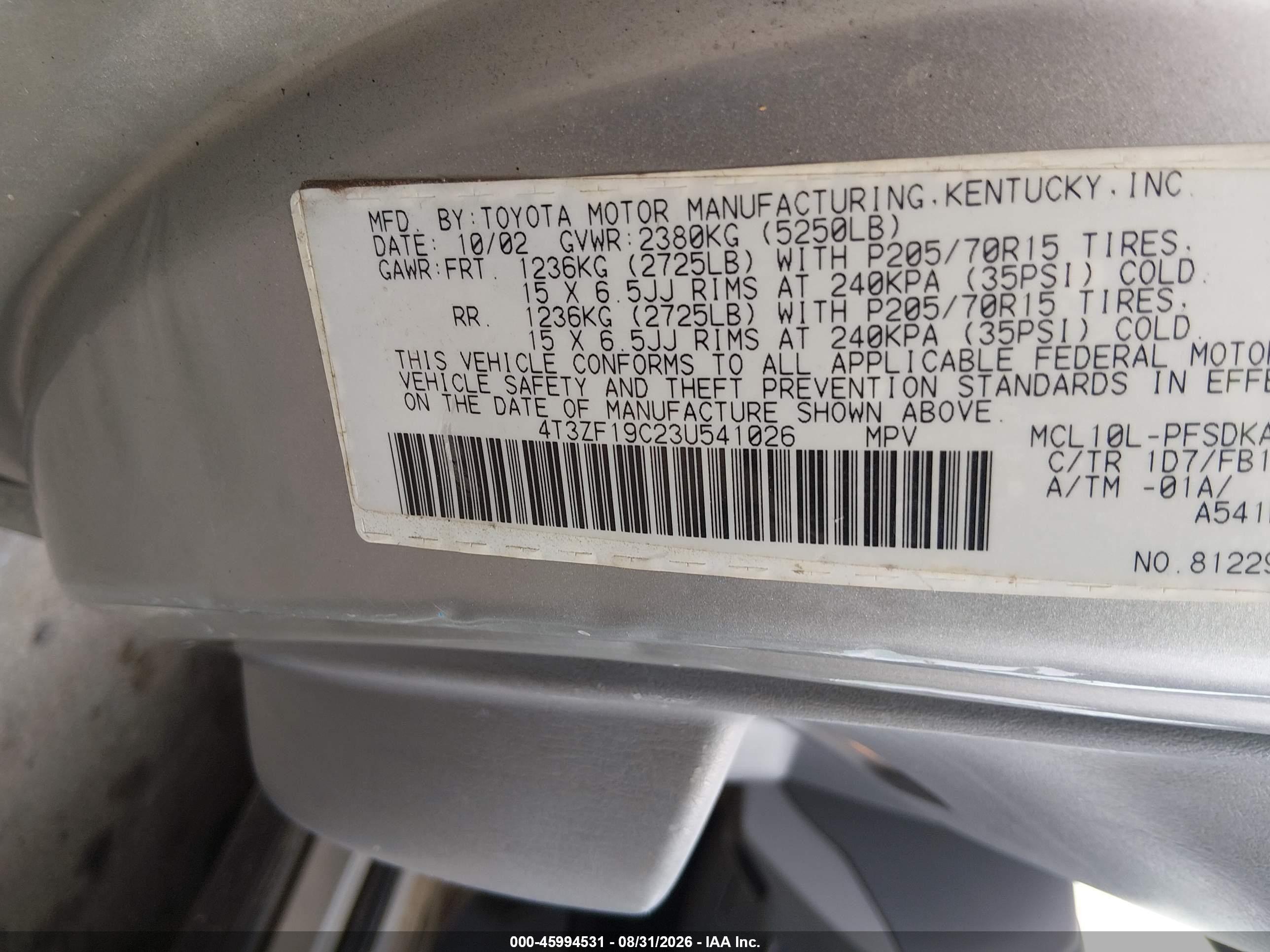 2003 Toyota Sienna Ce Silver vin: 4T3ZF19C23U541026