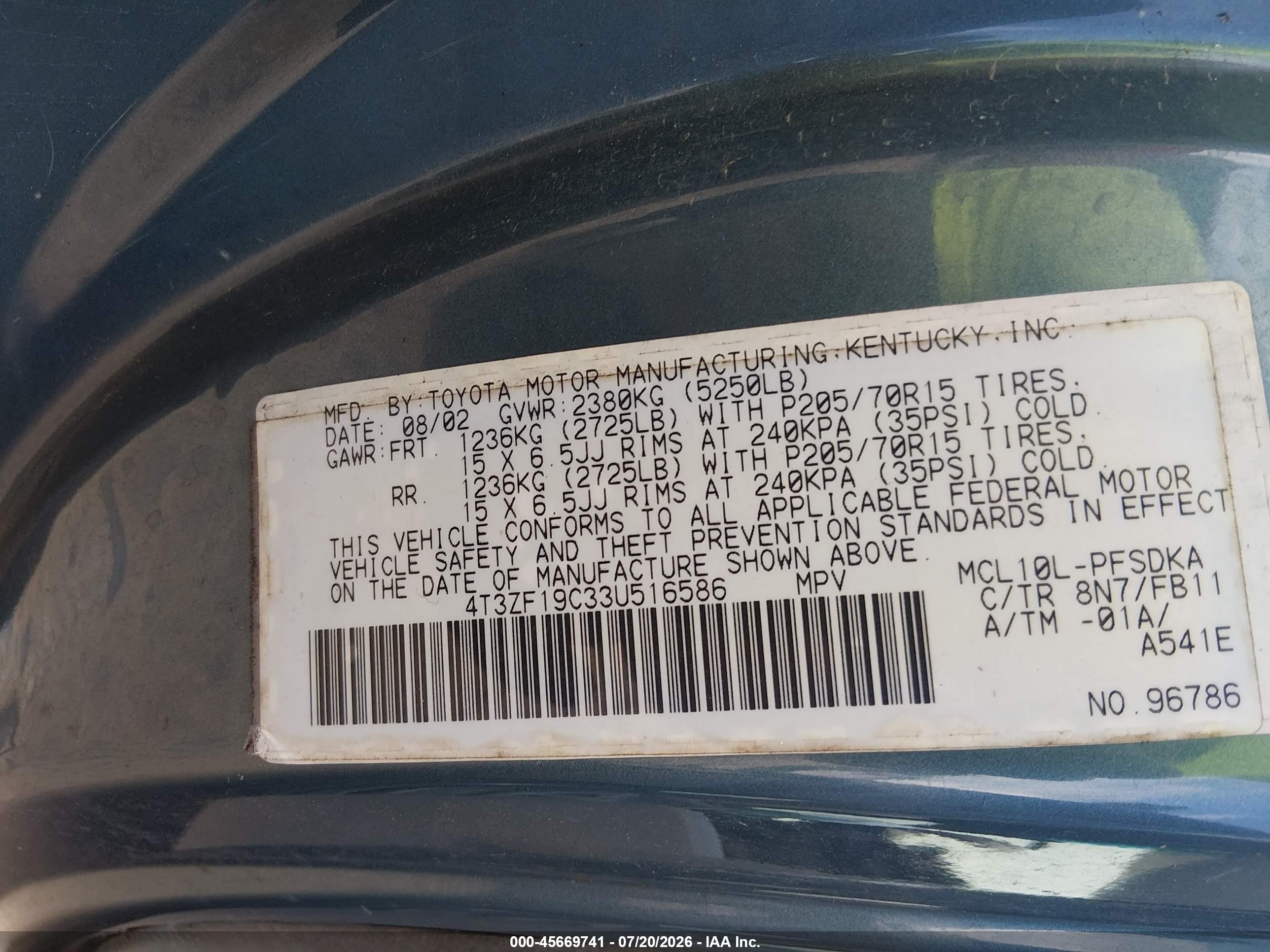 2003 Toyota Sienna Ce Blue vin: 4T3ZF19C33U516586