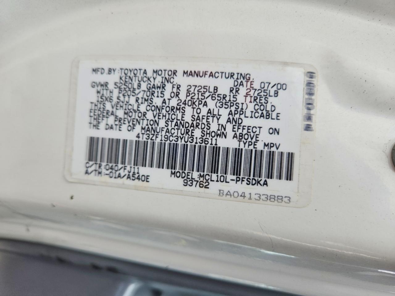 2000 Toyota Sienna Ce White vin: 4T3ZF19C3YU313611