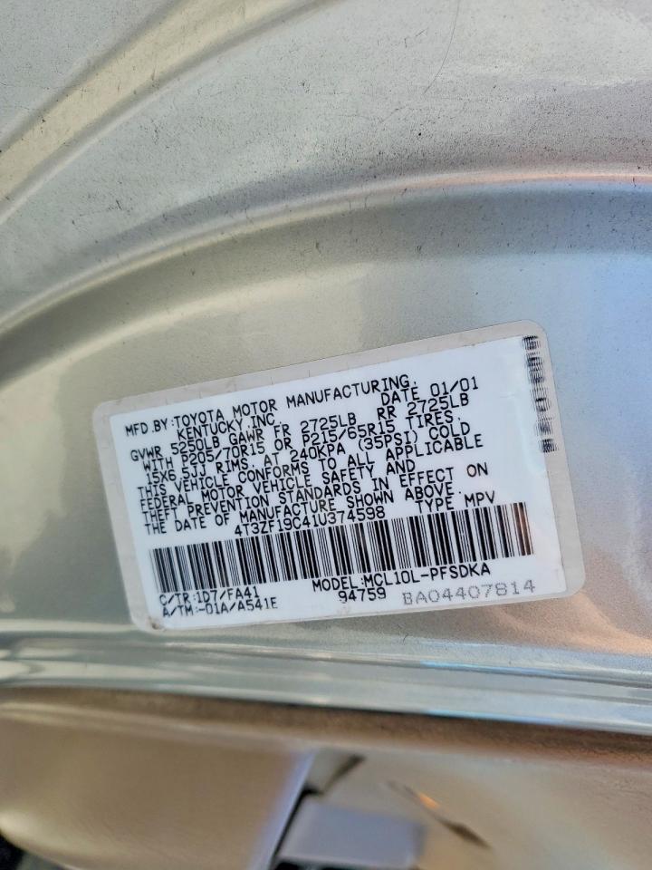 2001 Toyota Sienna Ce Gray vin: 4T3ZF19C41U374598