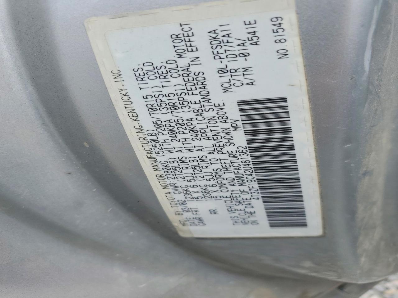 2002 Toyota Sienna Ce Gray vin: 4T3ZF19C42U481362