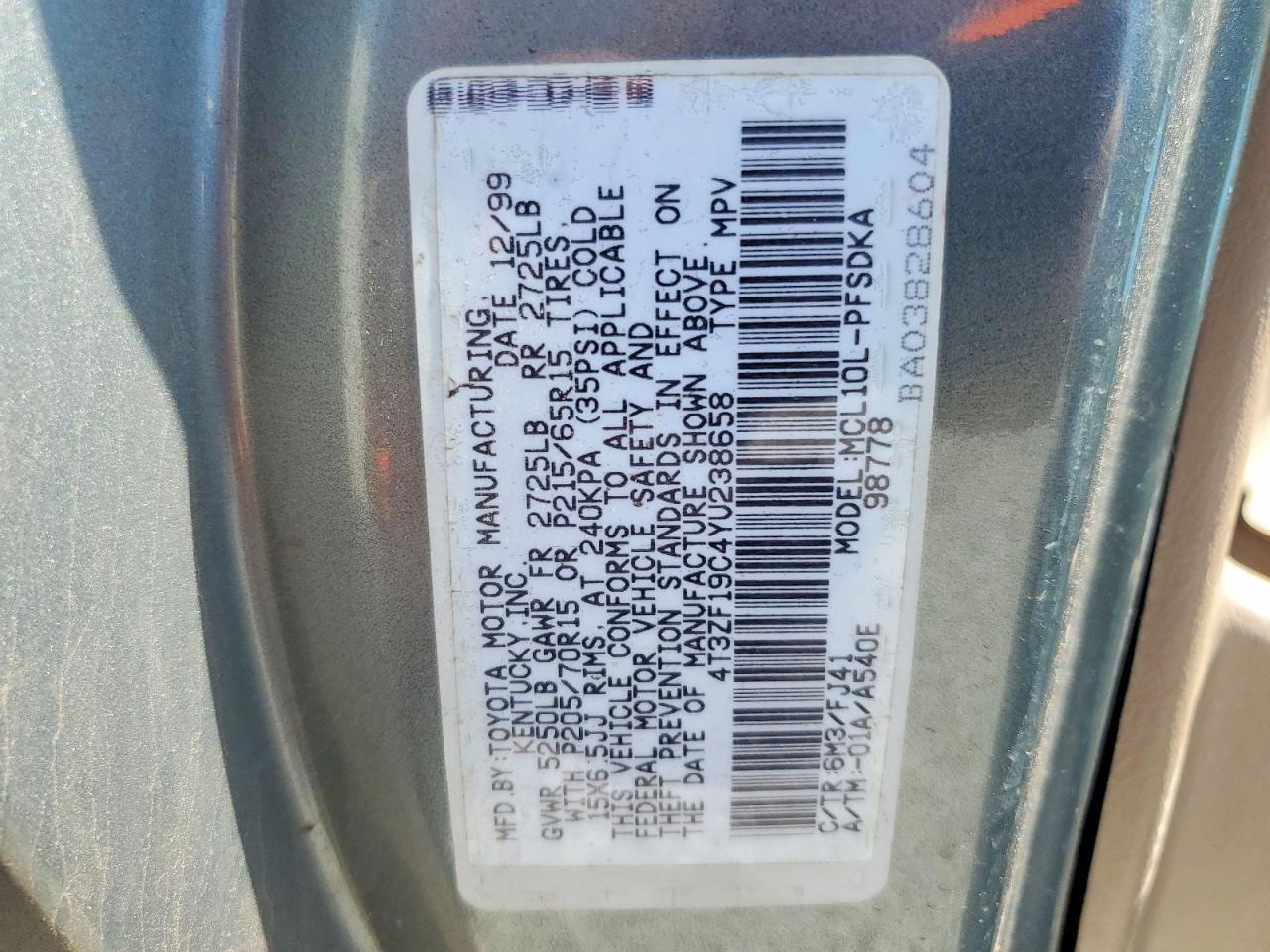 2000 Toyota Sienna Ce Blue vin: 4T3ZF19C4YU238658