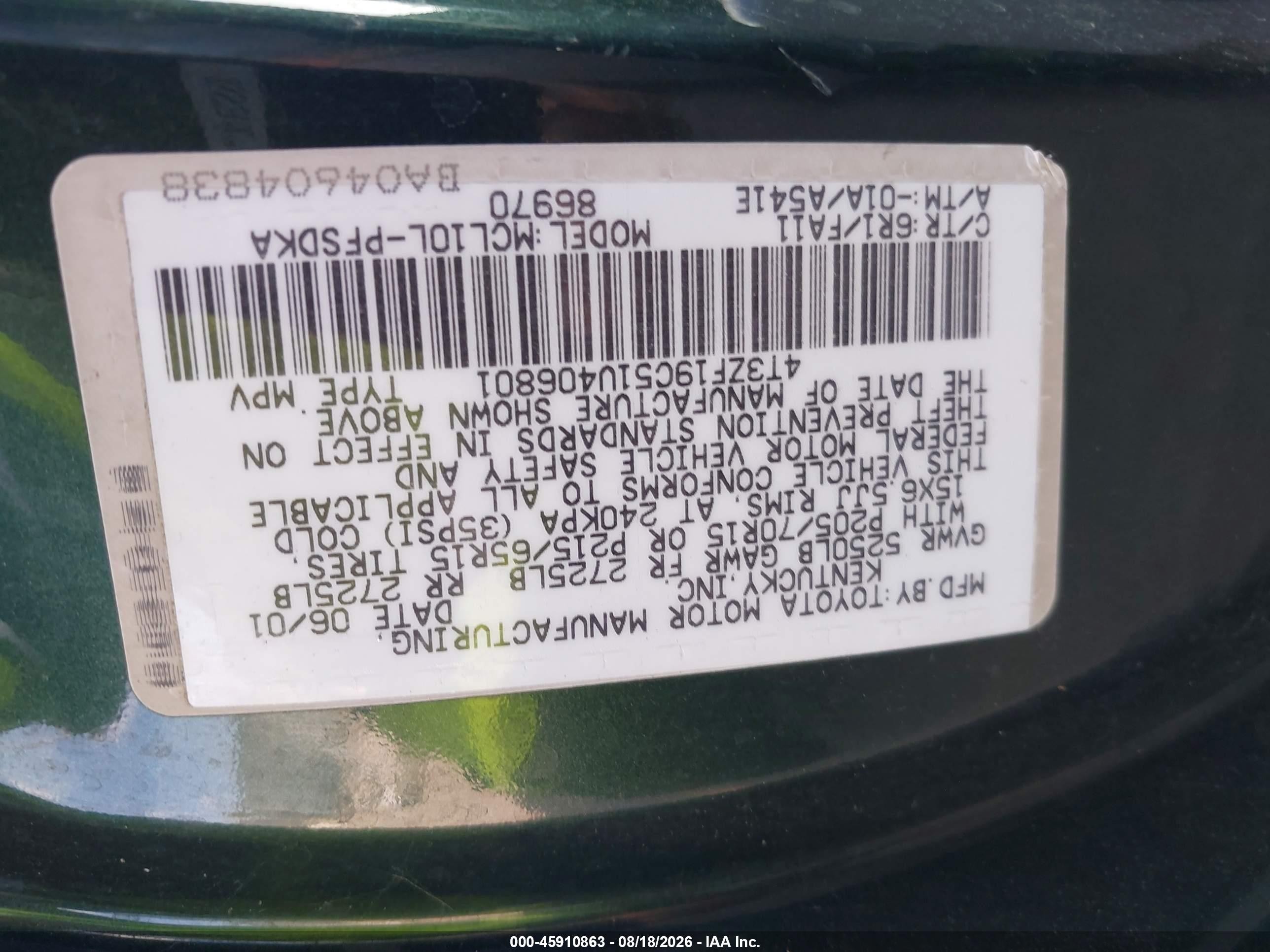 2001 Toyota Sienna Ce Green vin: 4T3ZF19C51U406801