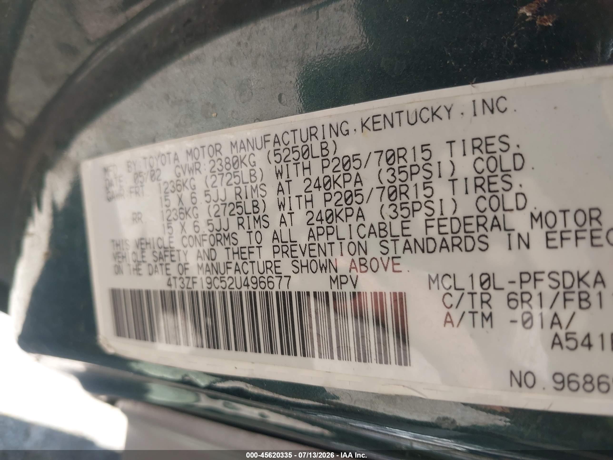 2002 Toyota Sienna Ce Green vin: 4T3ZF19C52U496677