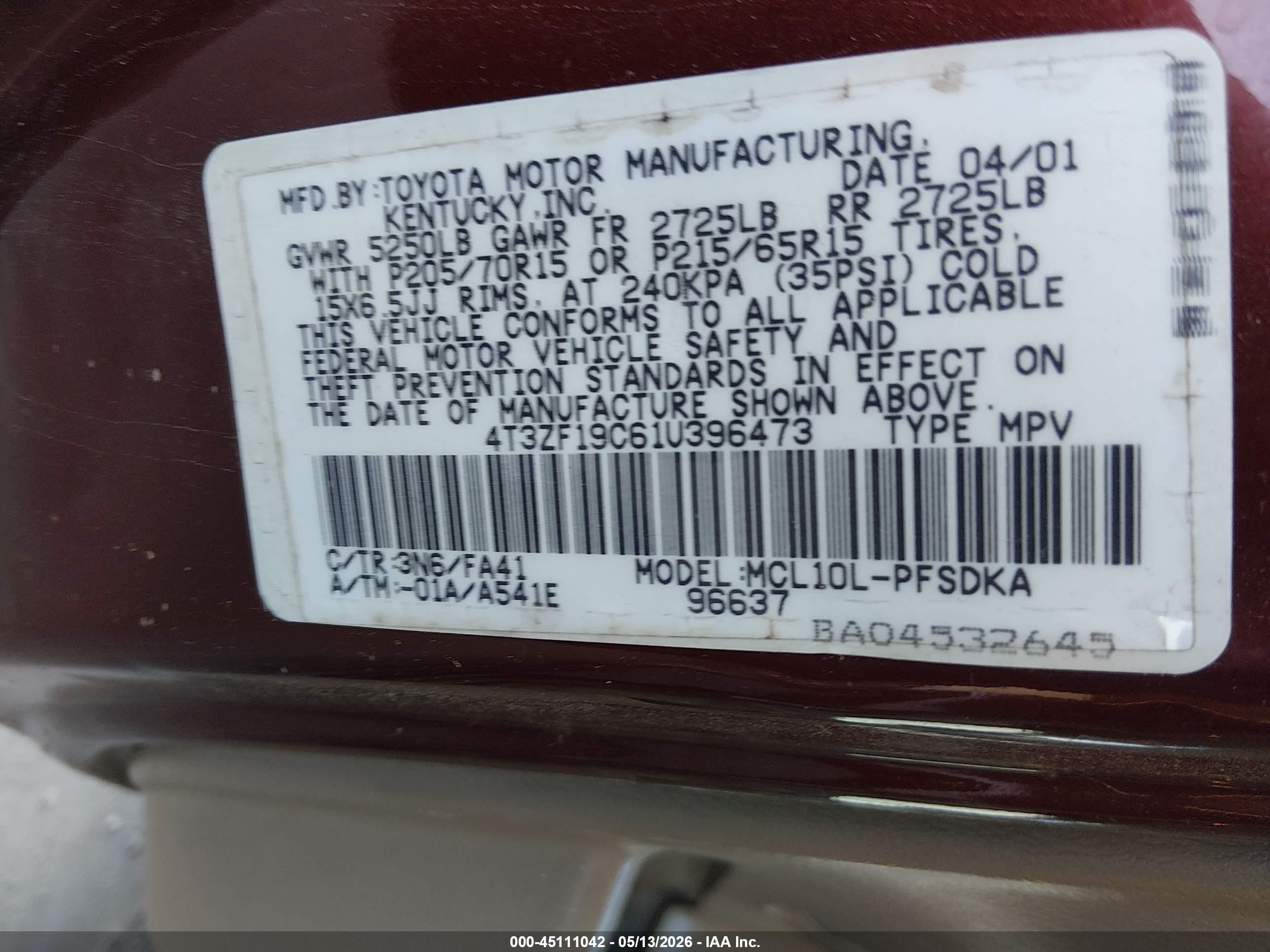 2001 Toyota Sienna Ce Red vin: 4T3ZF19C61U396473