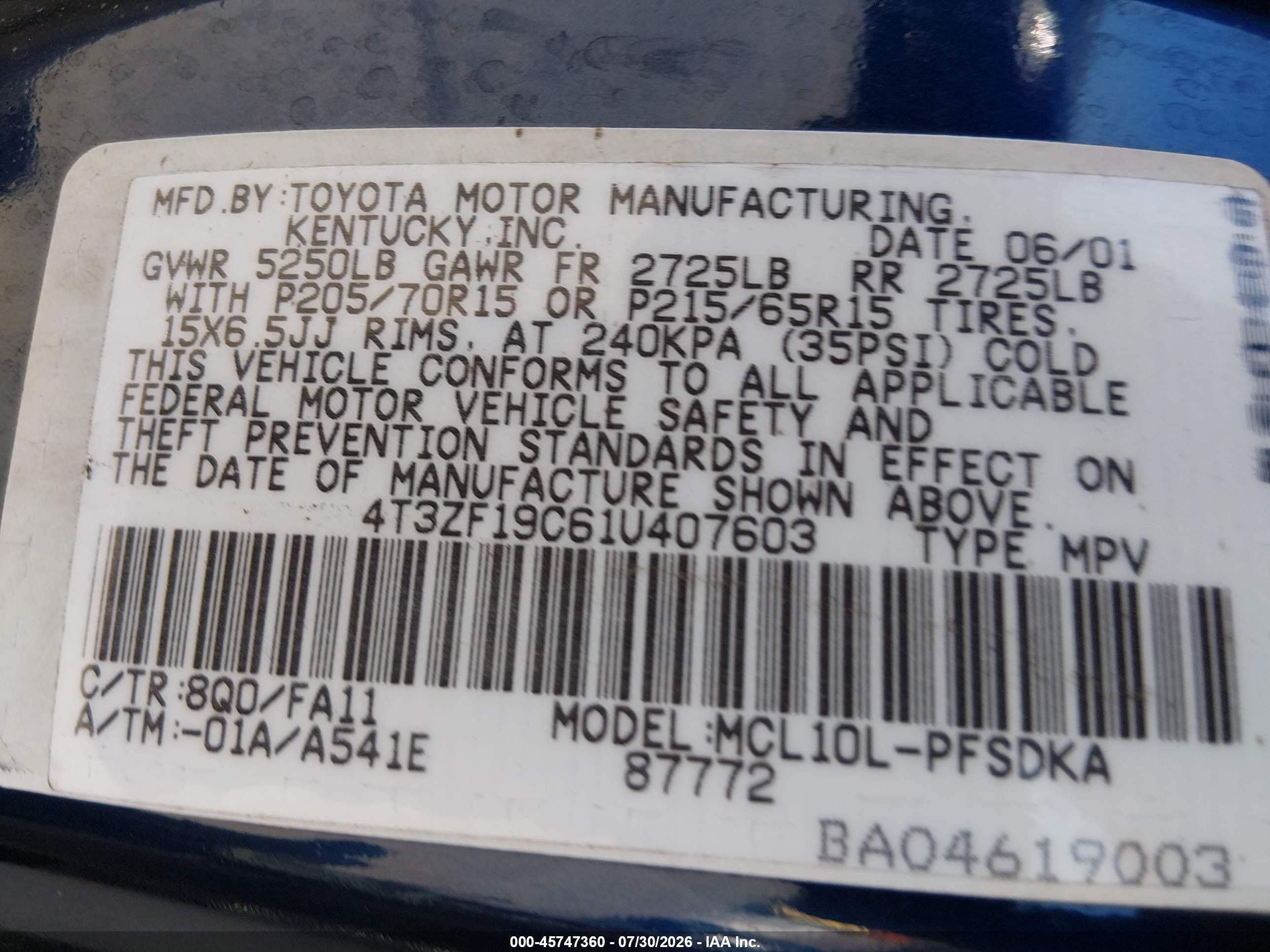 2001 Toyota Sienna Ce Blue vin: 4T3ZF19C61U407603