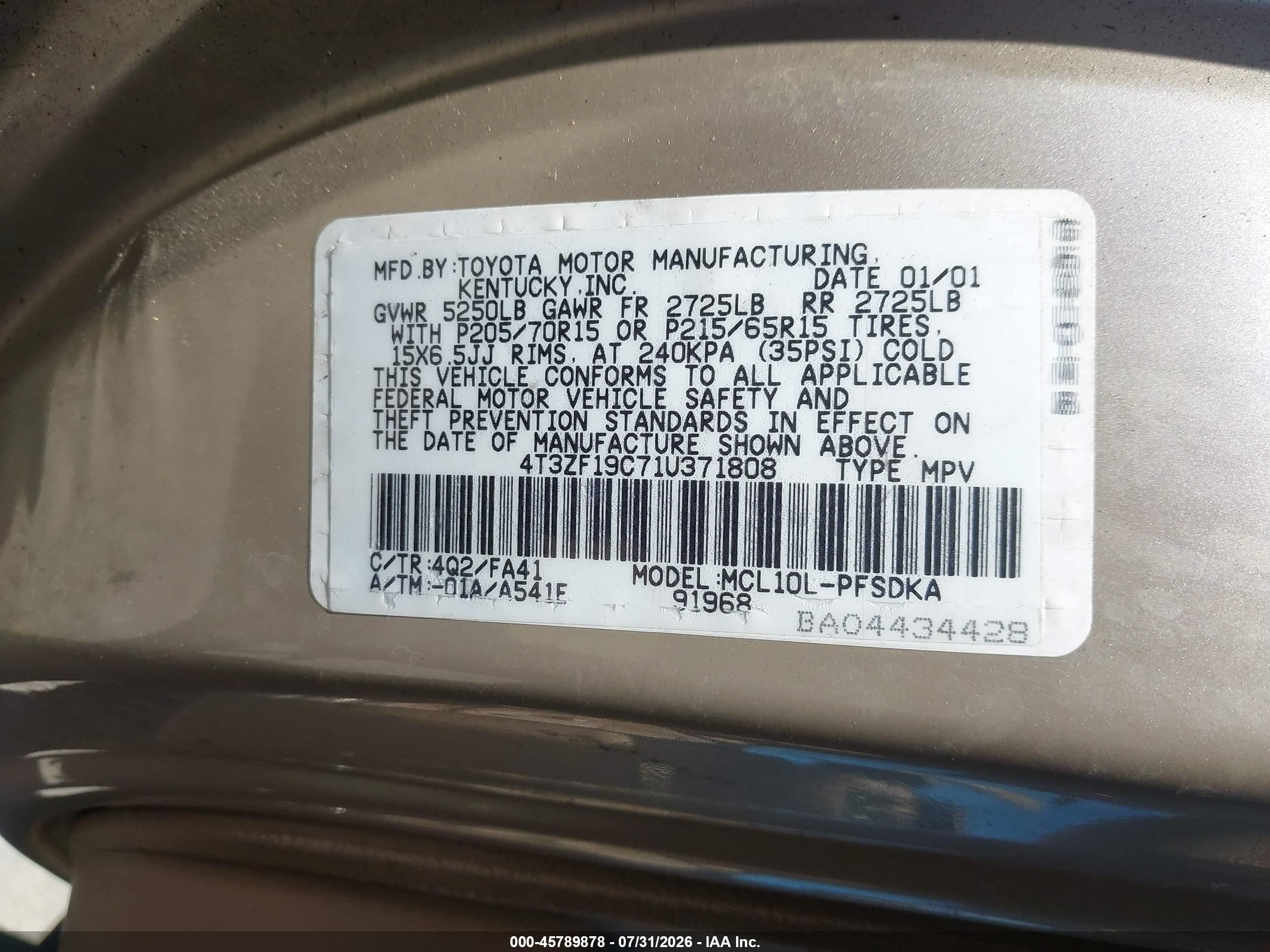 2001 Toyota Sienna Ce Gold vin: 4T3ZF19C71U371808