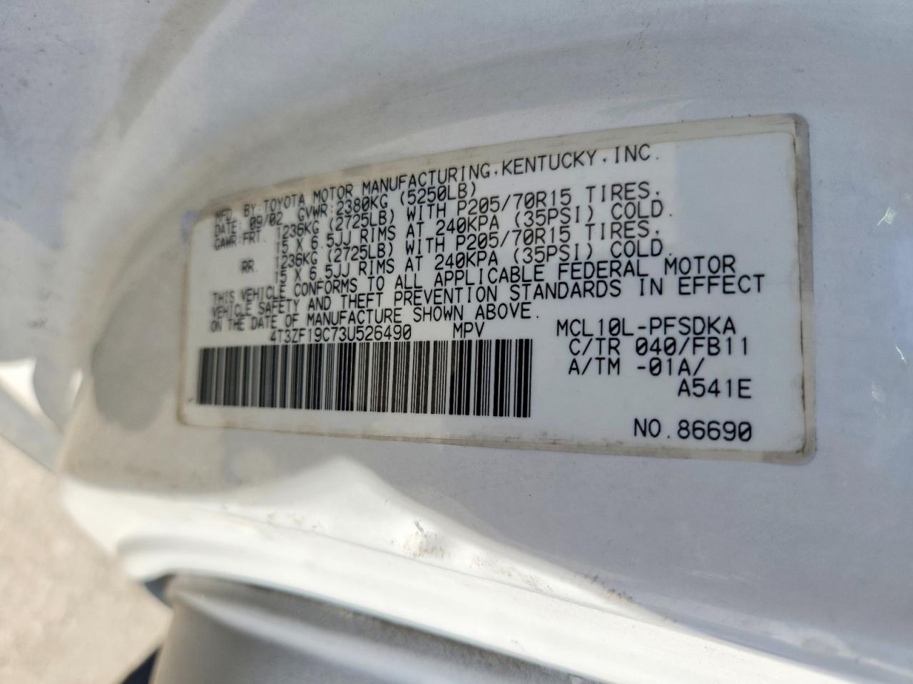 2003 Toyota Sienna Ce White vin: 4T3ZF19C73U526490