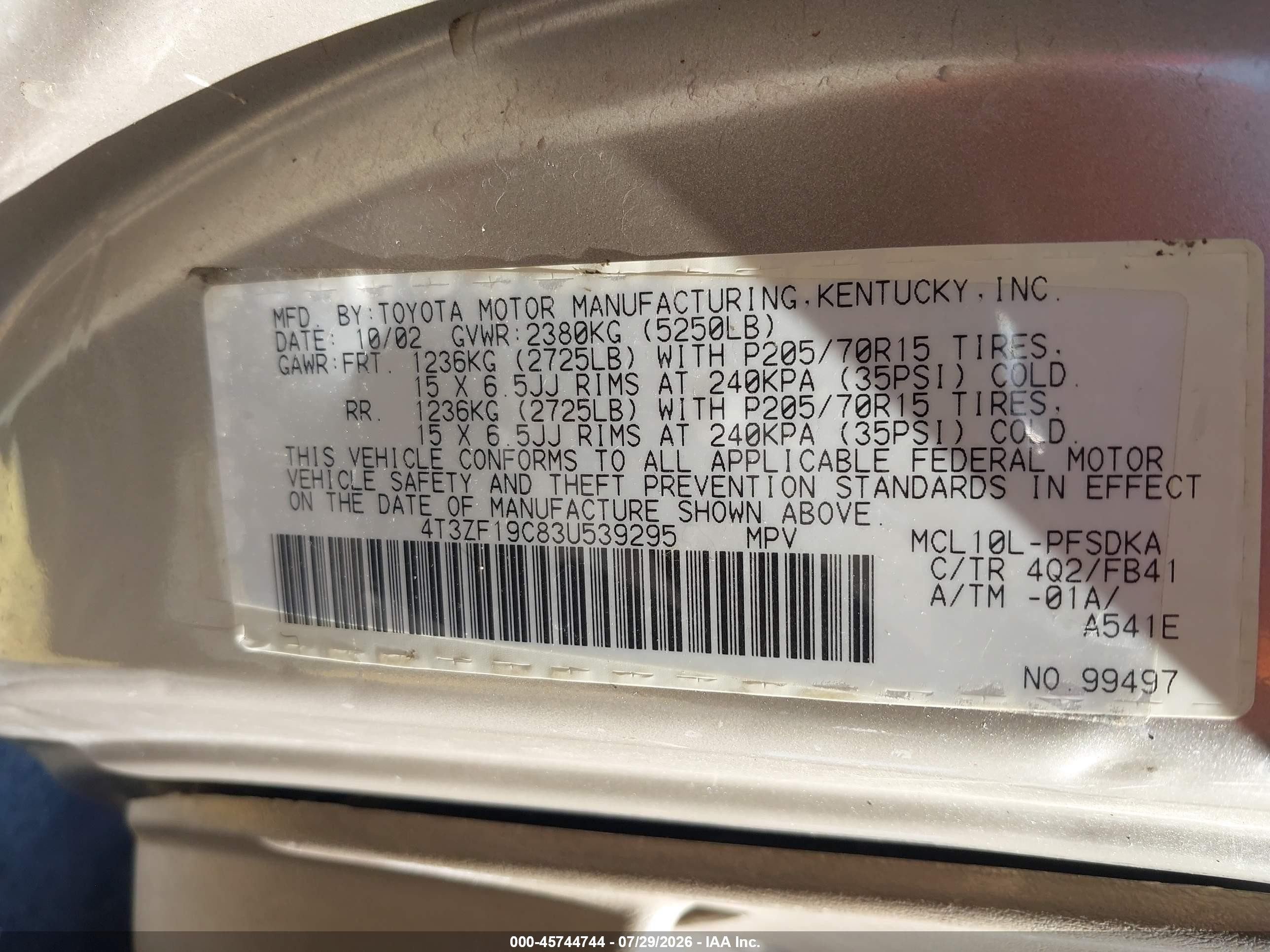 2003 Toyota Sienna Ce Золотой vin: 4T3ZF19C83U539295