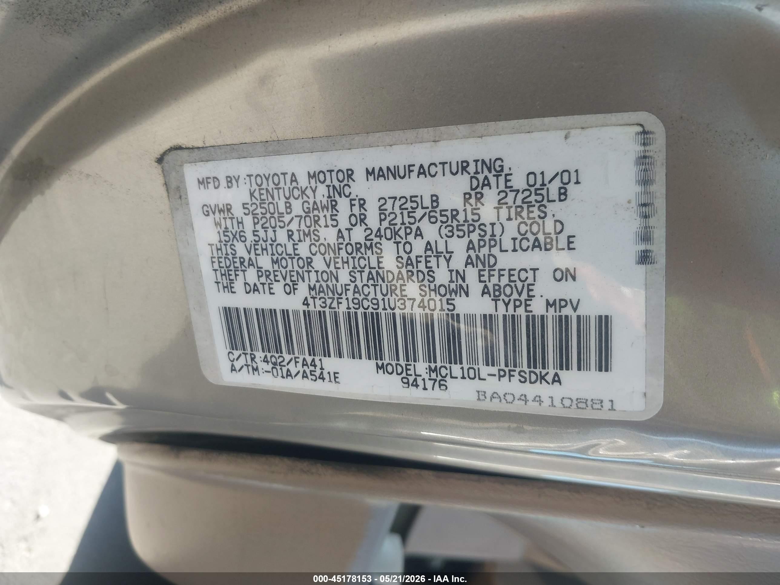 2001 Toyota Sienna Ce Champagne vin: 4T3ZF19C91U374015