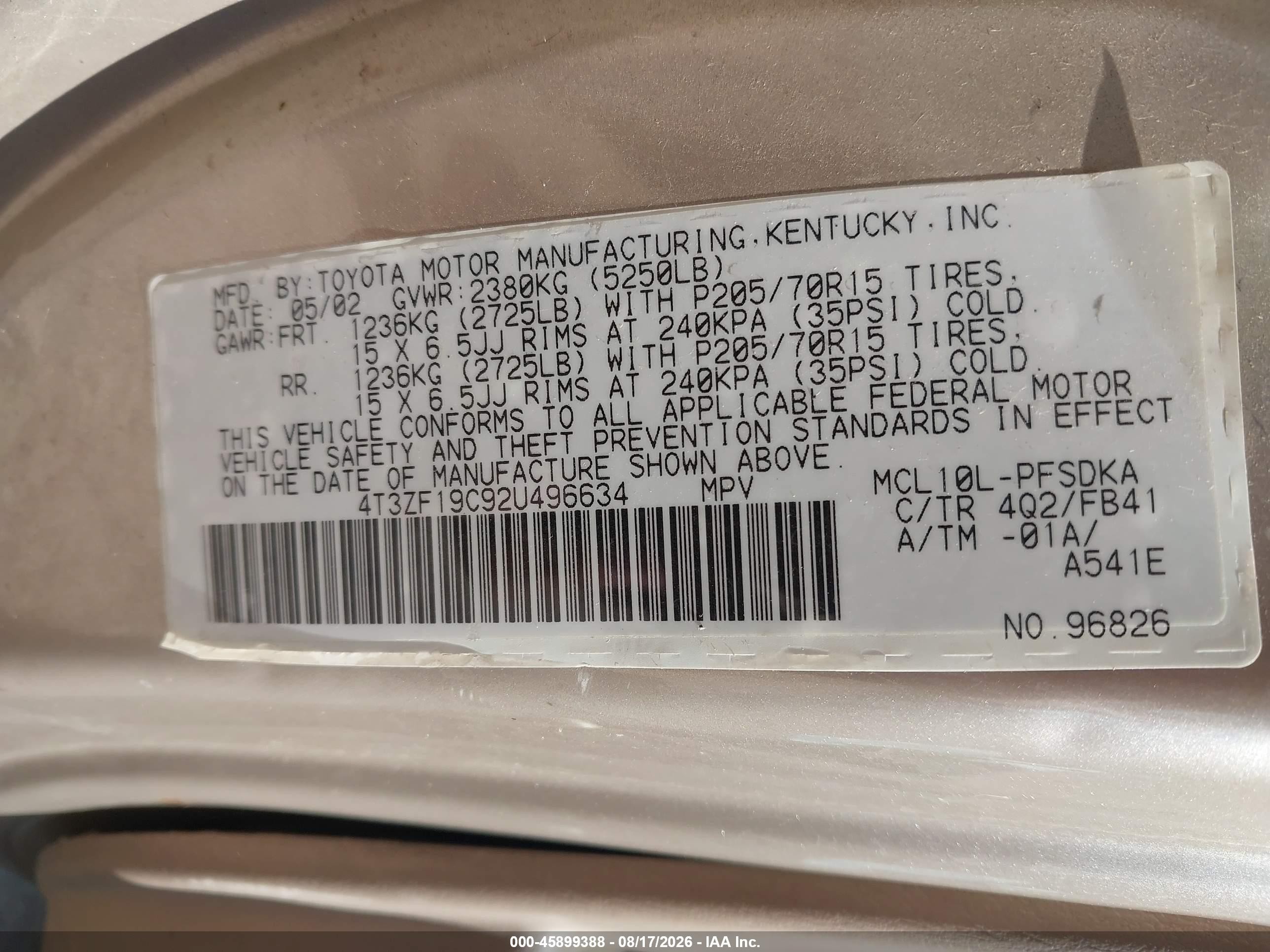 2002 Toyota Sienna Ce Gold vin: 4T3ZF19C92U496634
