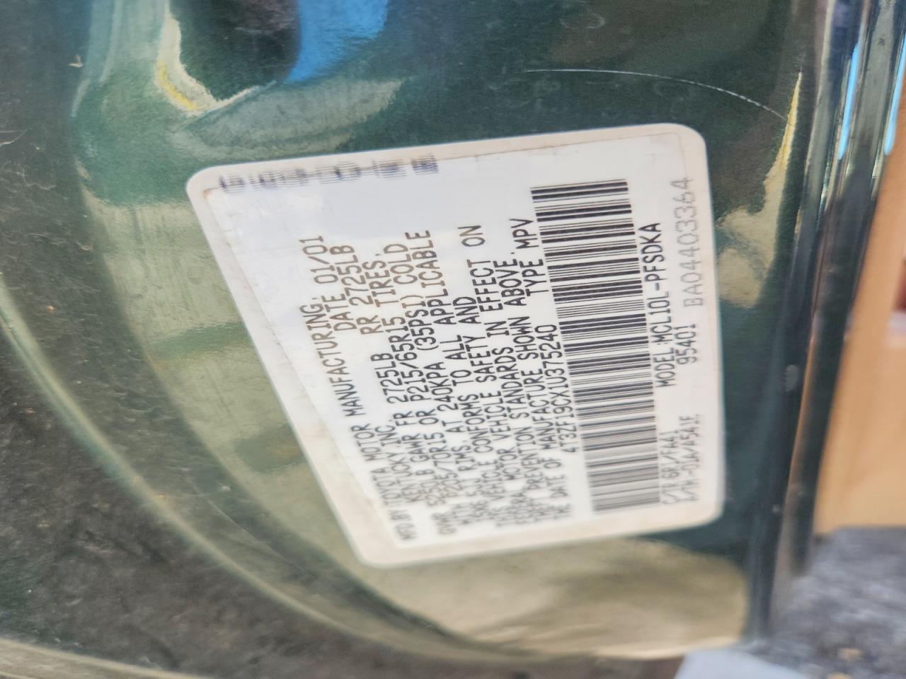 2001 Toyota Sienna Ce Green vin: 4T3ZF19CX1U375240