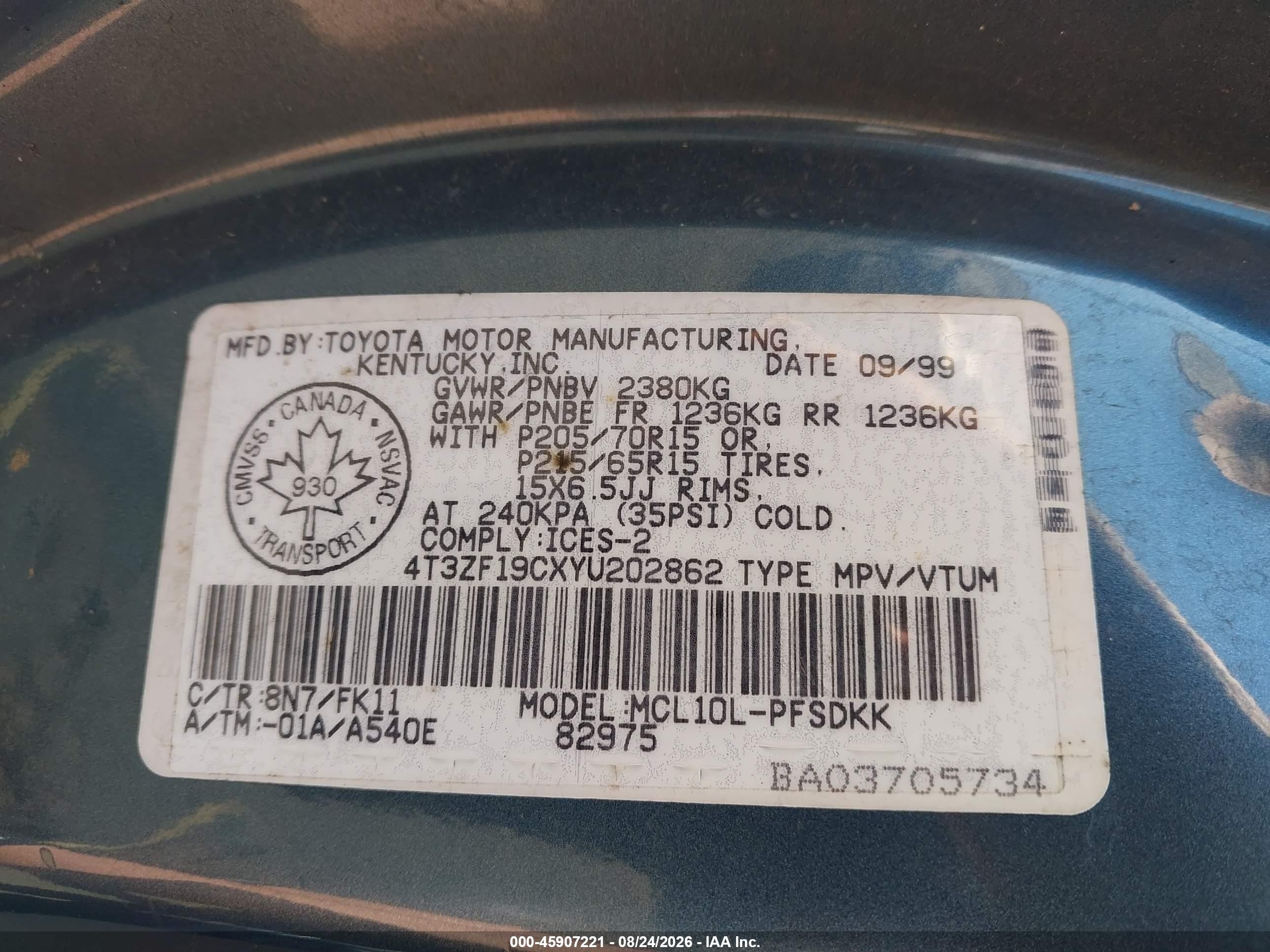 2000 Toyota Sienna Ce Зеленый vin: 4T3ZF19CXYU202862
