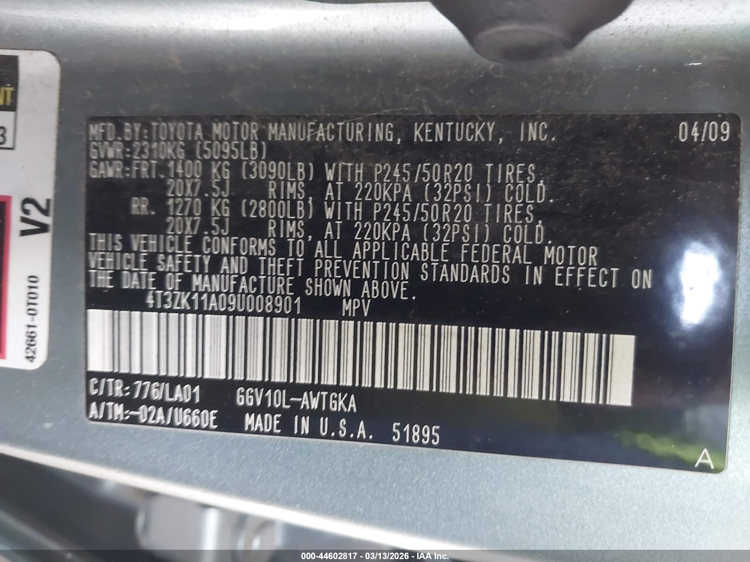 2009 Toyota Venza Base V6 Teal vin: 4T3ZK11A09U008901
