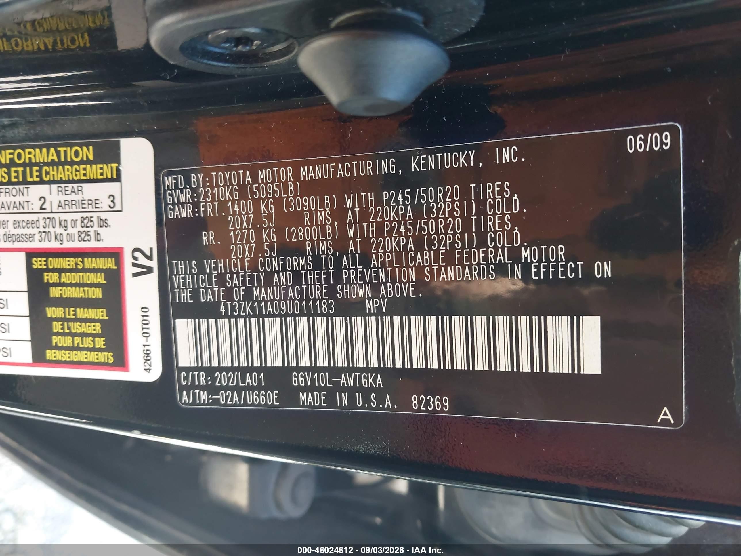 2009 Toyota Venza Base V6 Black vin: 4T3ZK11A09U011183