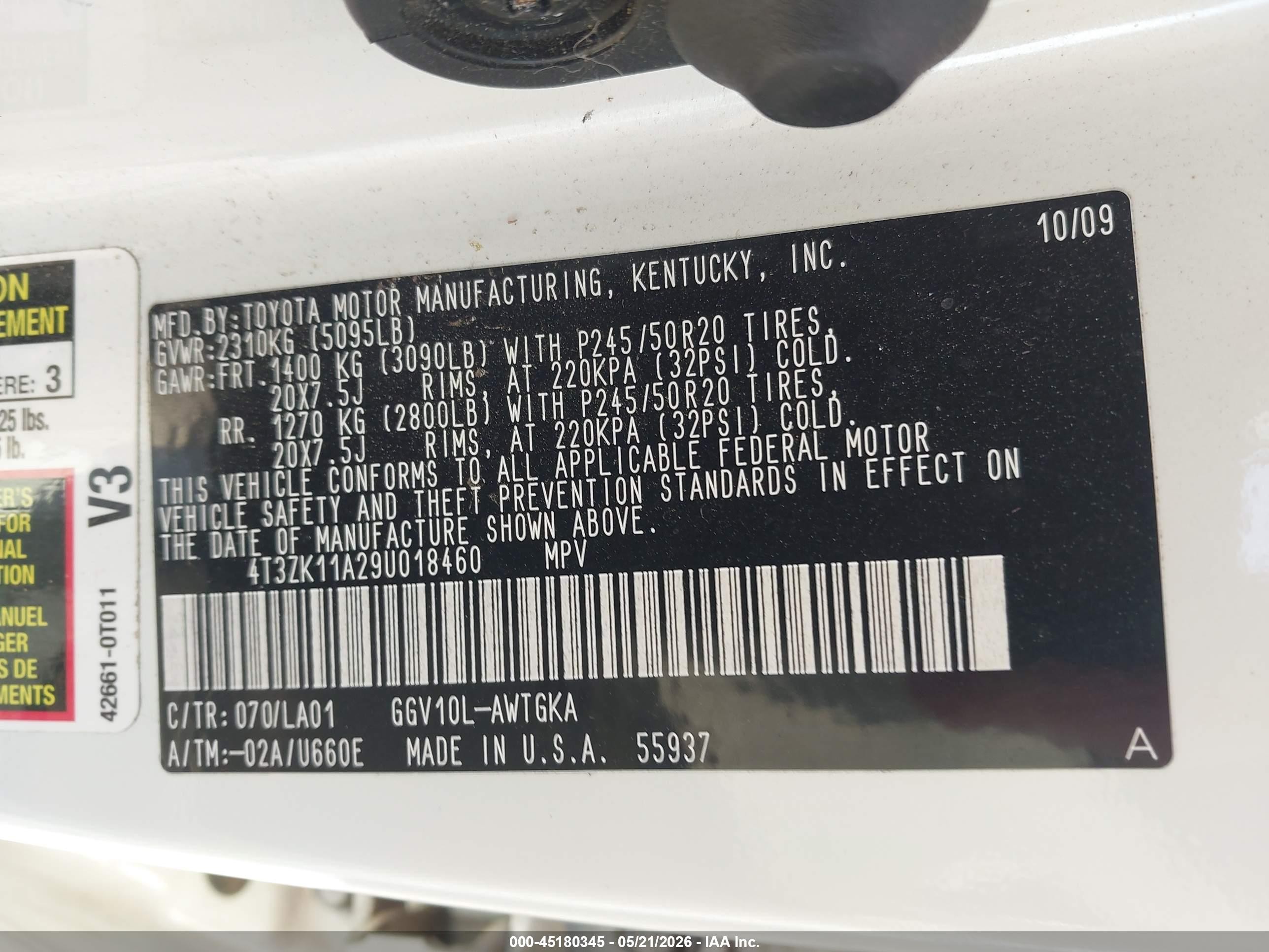 2009 Toyota Venza Base V6 White vin: 4T3ZK11A29U018460