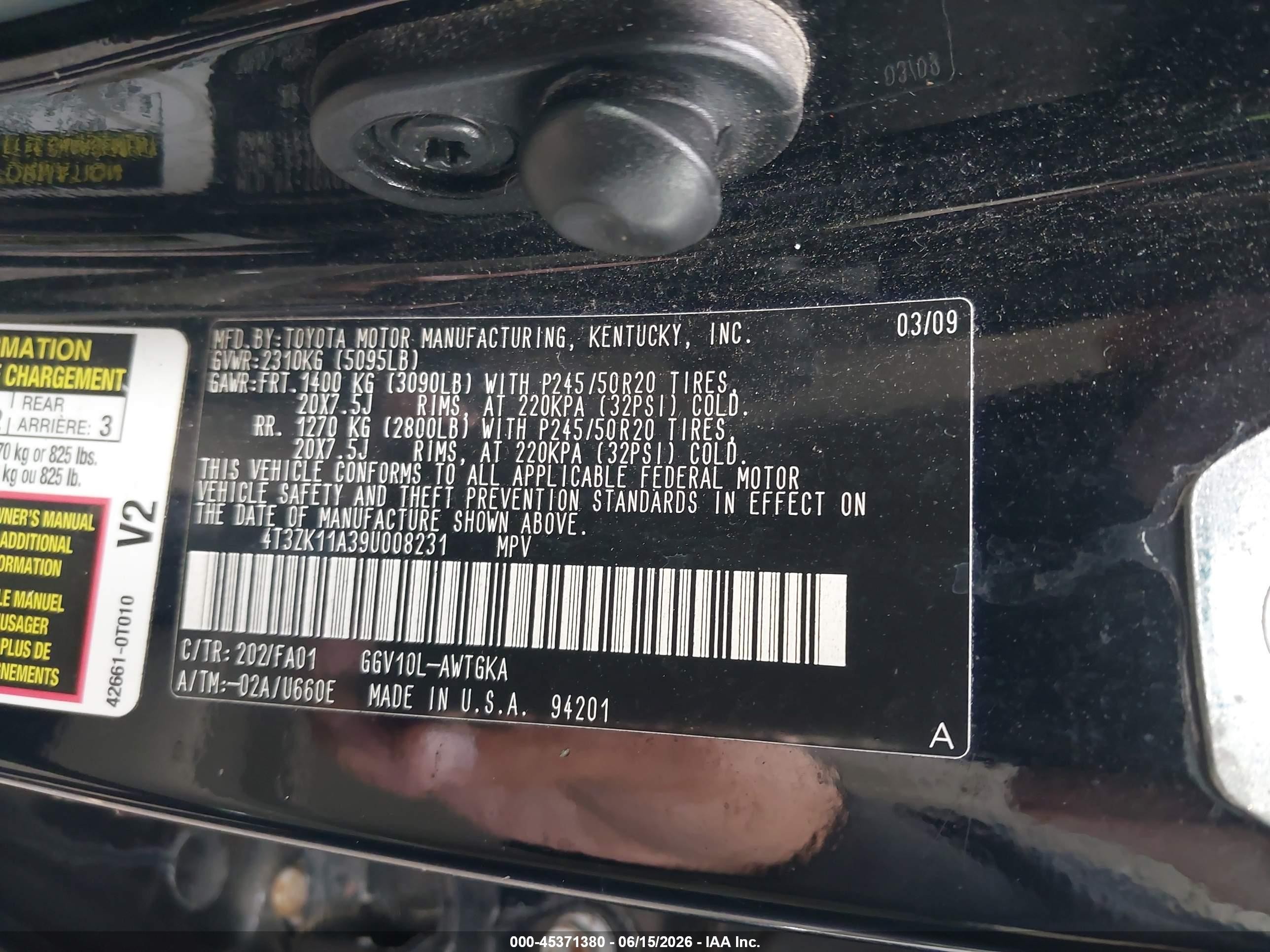 2009 Toyota Venza Base V6 Black vin: 4T3ZK11A39U008231