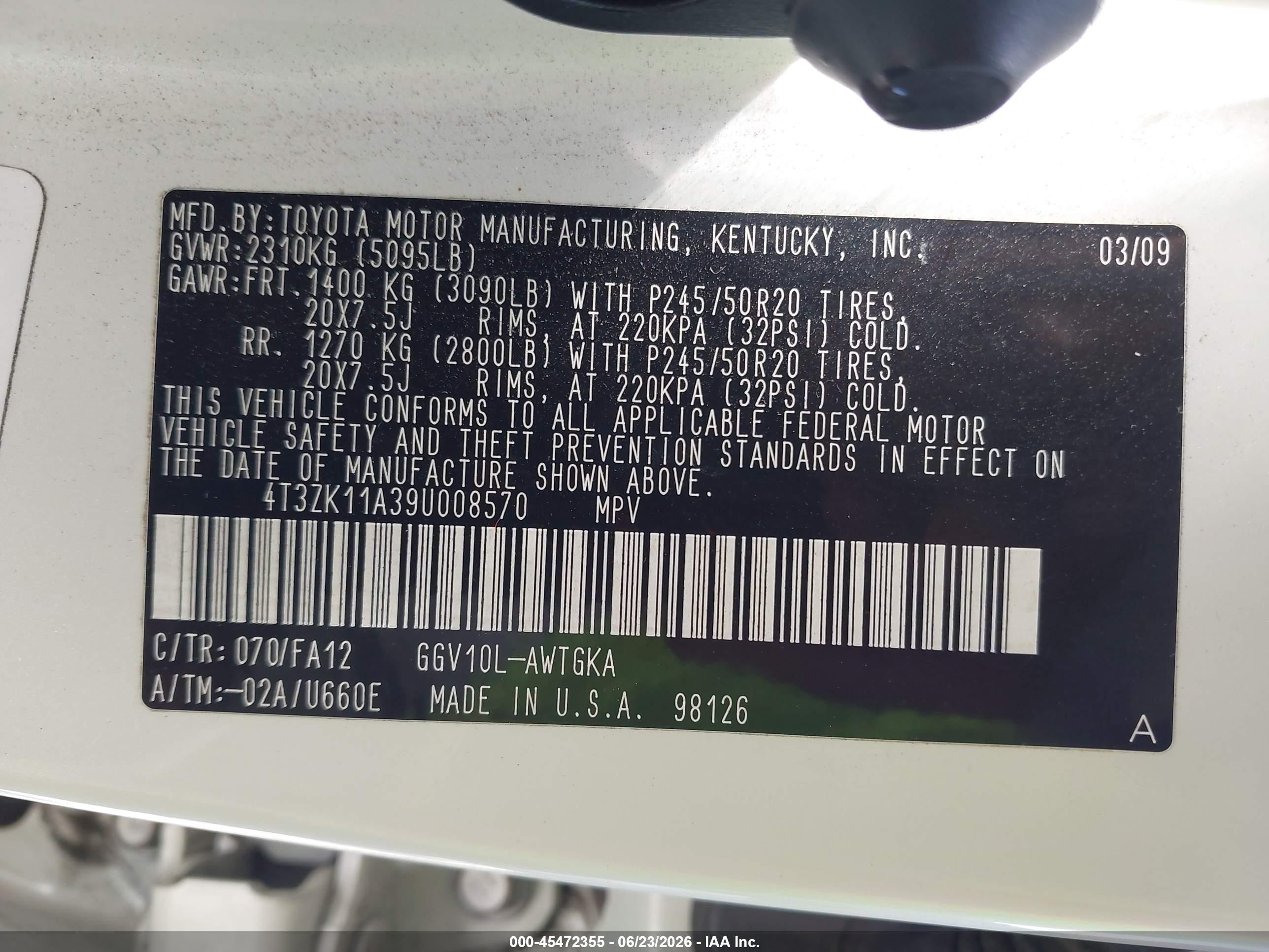 2009 Toyota Venza Base V6 White vin: 4T3ZK11A39U008570