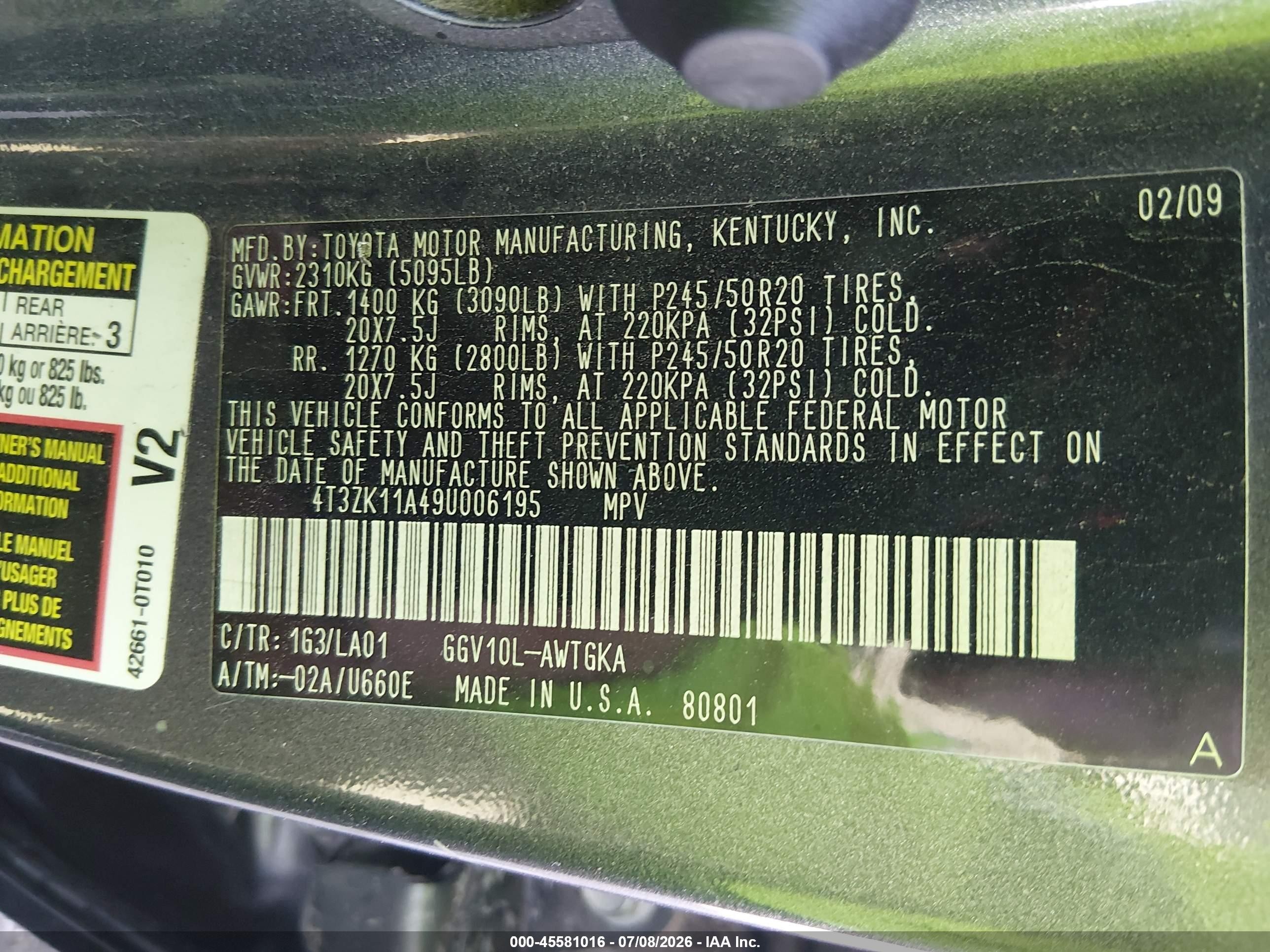 2009 Toyota Venza Base V6 Gray vin: 4T3ZK11A49U006195