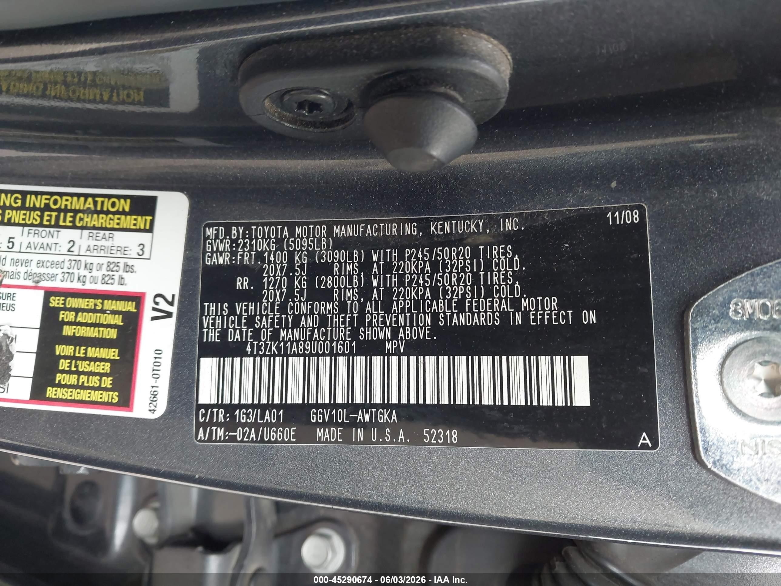 2009 Toyota Venza Base V6 Gray vin: 4T3ZK11A89U001601