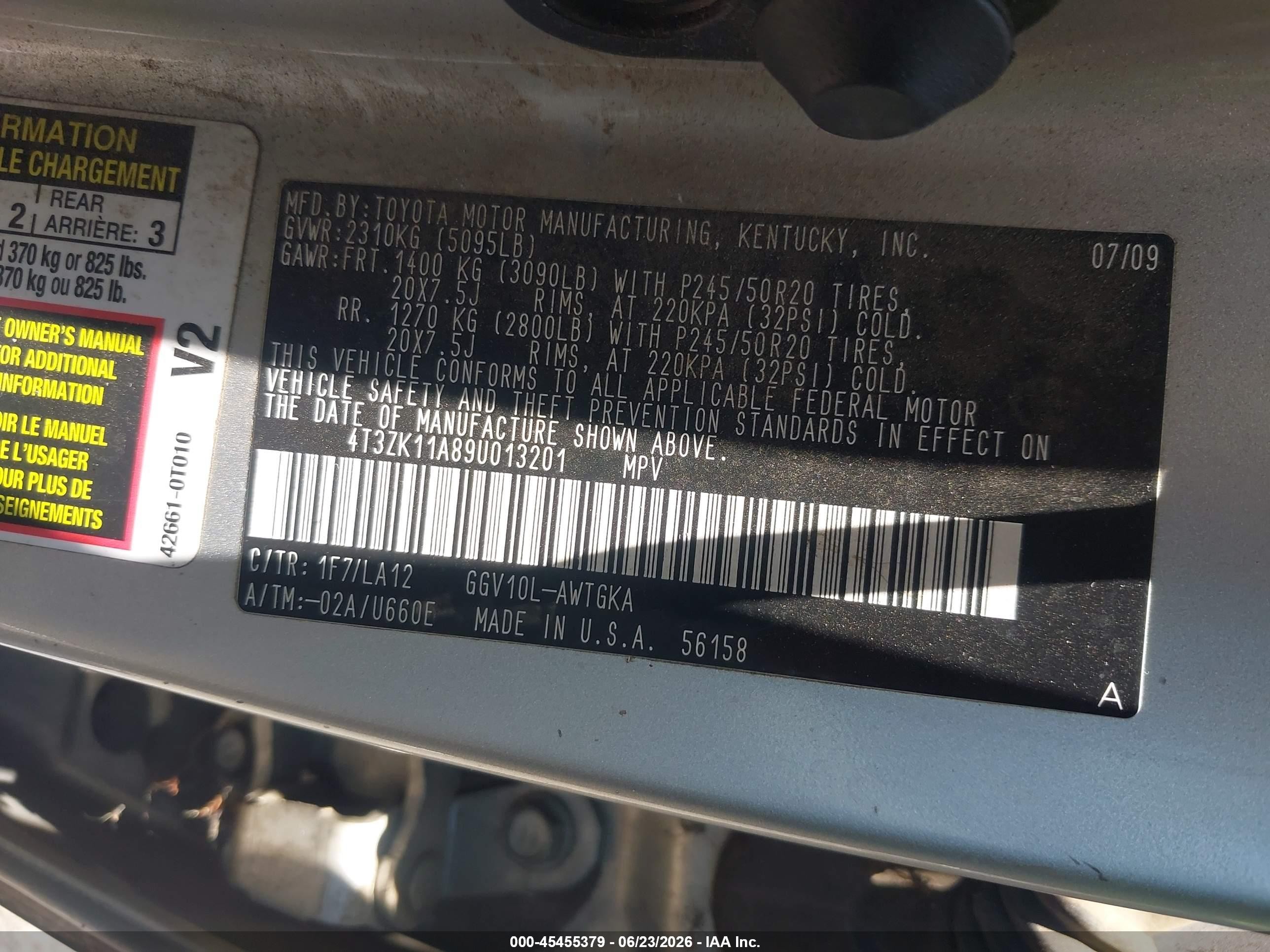 2009 Toyota Venza Base V6 Silver vin: 4T3ZK11A89U013201