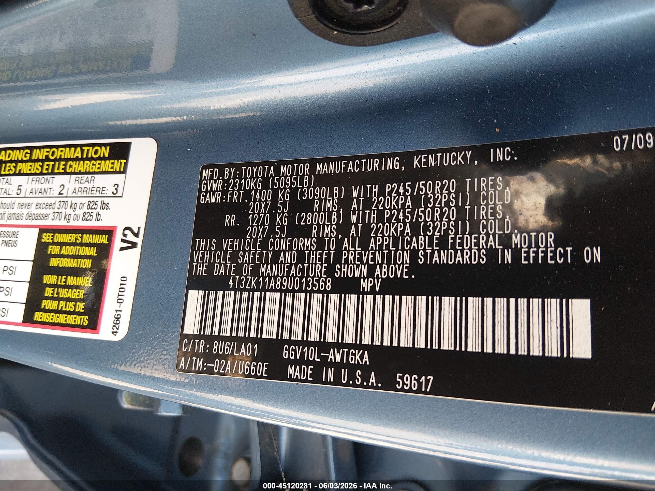 2009 Toyota Venza Base V6 Blue vin: 4T3ZK11A89U013568