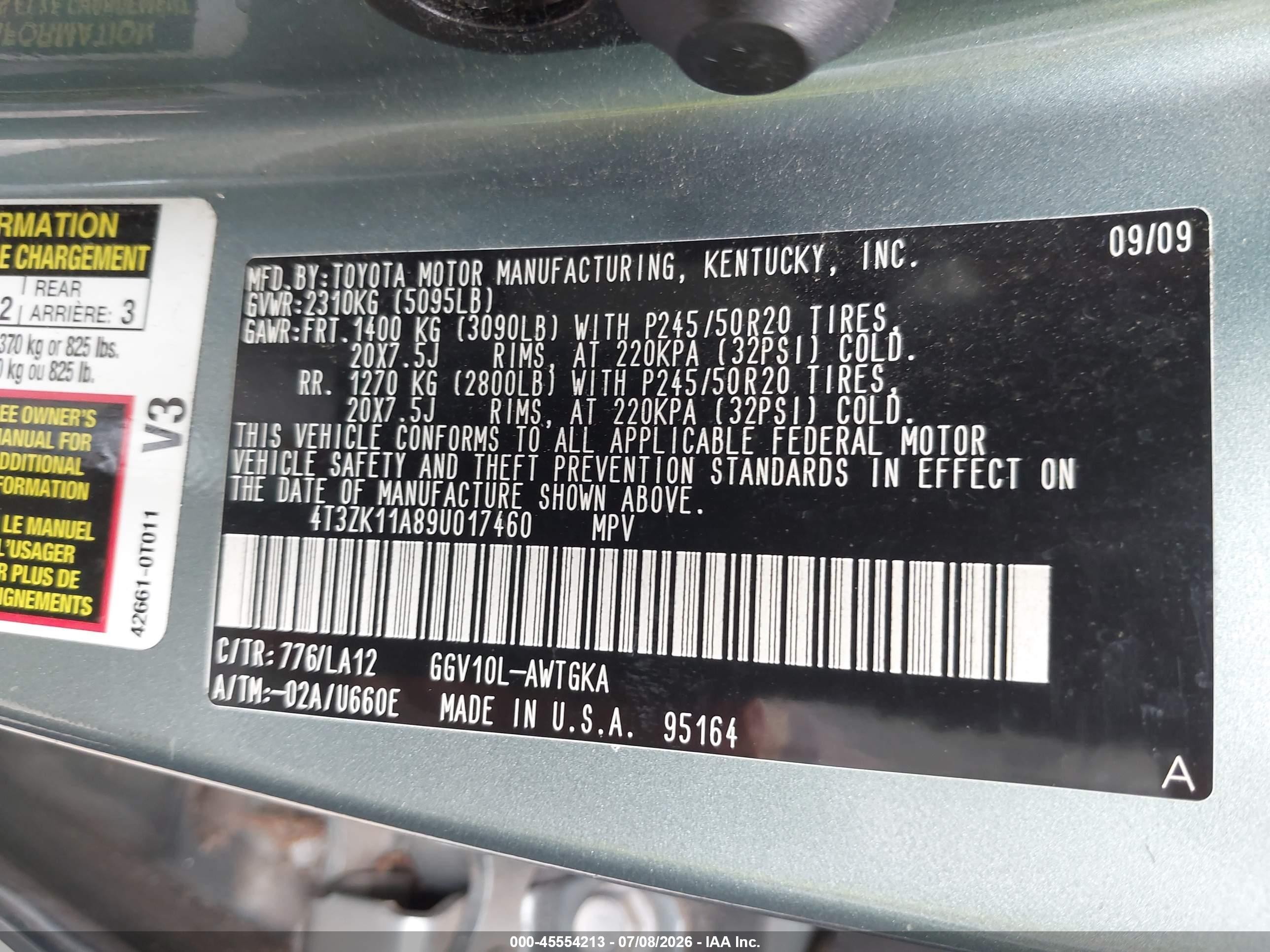 2009 Toyota Venza Base V6 Green vin: 4T3ZK11A89U017460