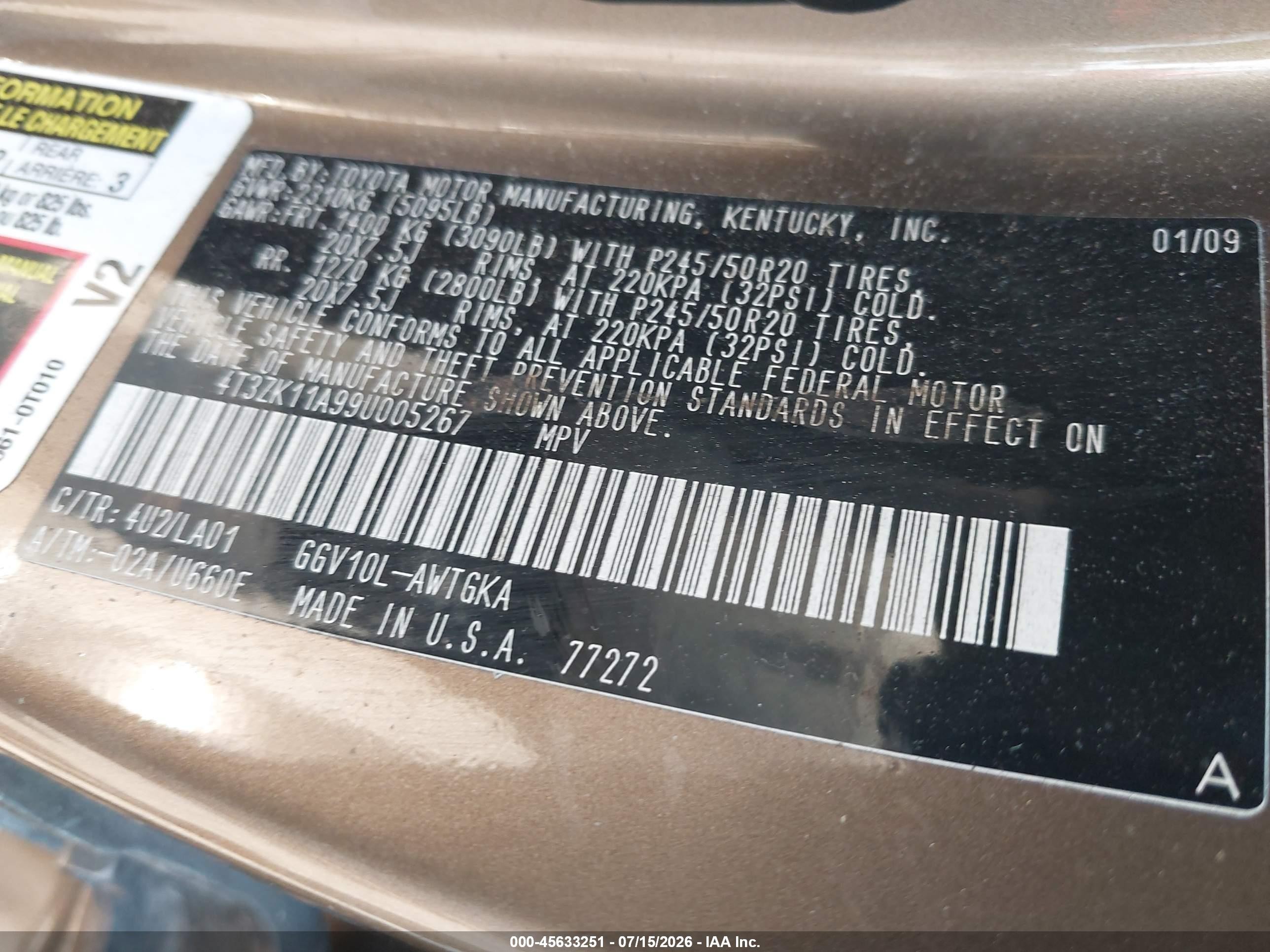 2009 Toyota Venza Base V6 Beige vin: 4T3ZK11A99U005267