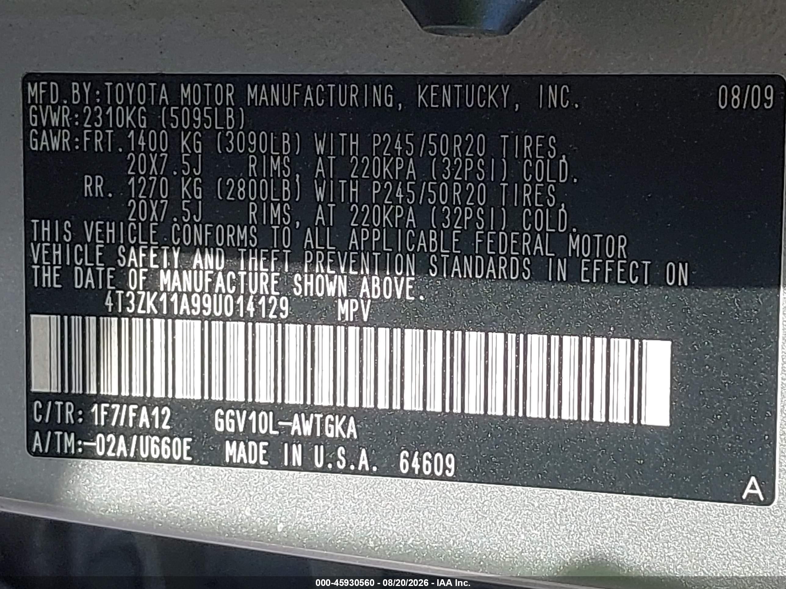 2009 Toyota Venza Base V6 Silver vin: 4T3ZK11A99U014129