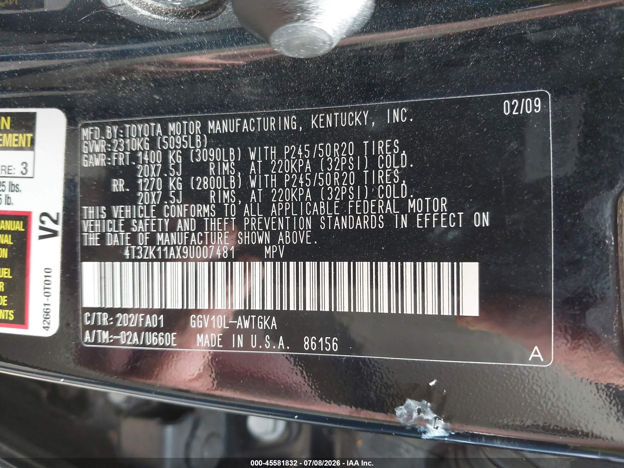 2009 Toyota Venza Base V6 Black vin: 4T3ZK11AX9U007481