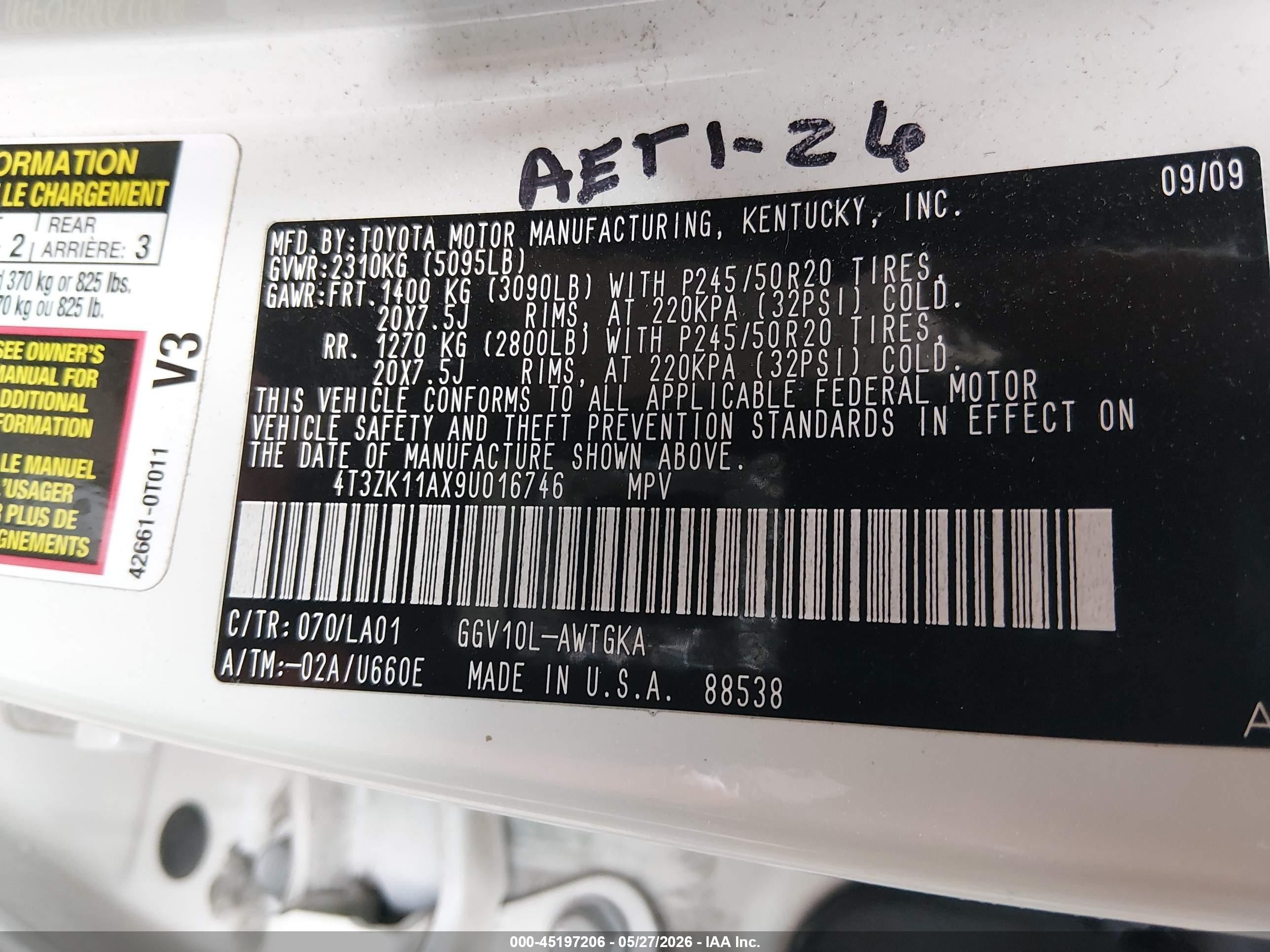 2009 Toyota Venza Base V6 White vin: 4T3ZK11AX9U016746