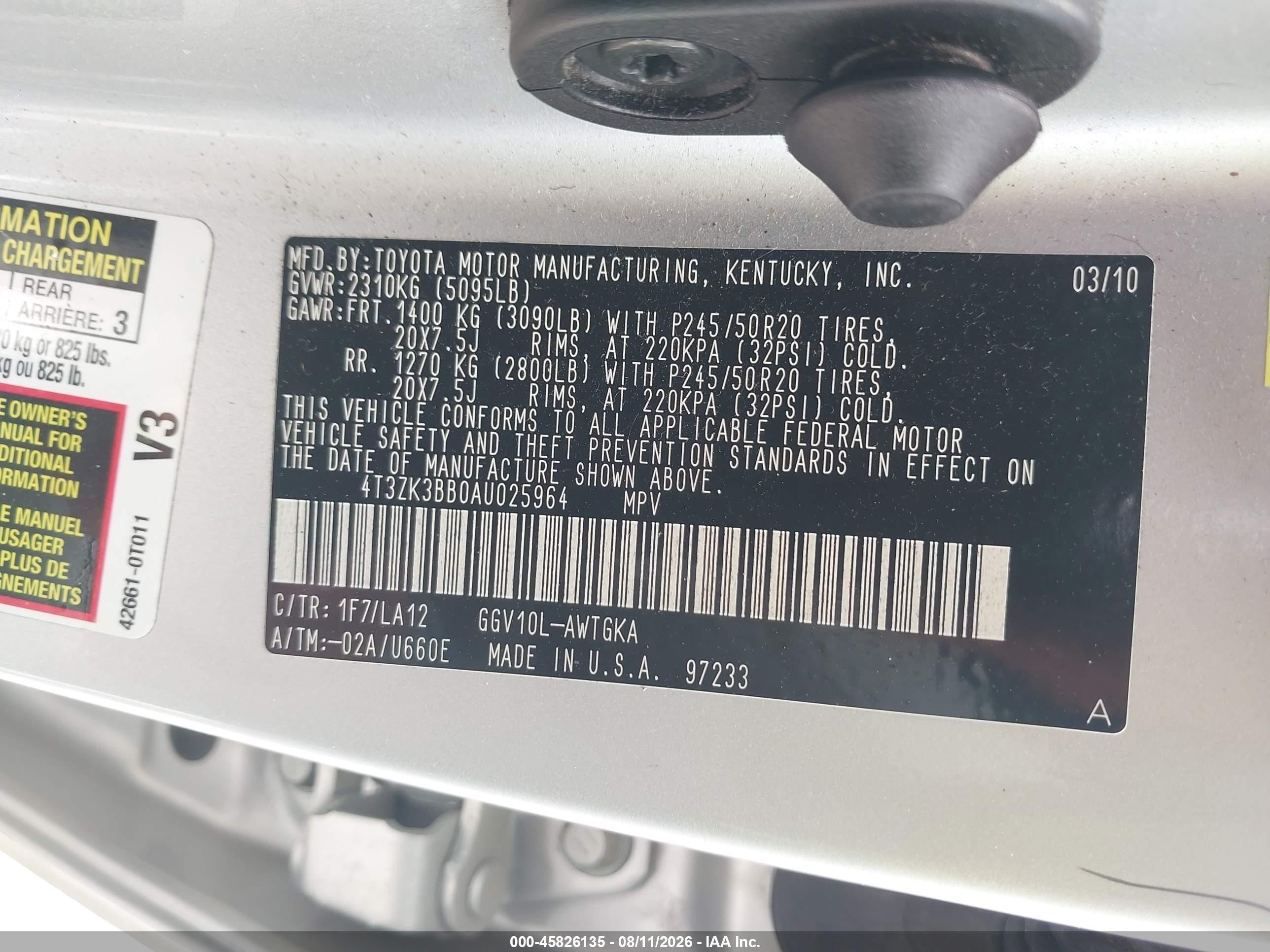 2010 Toyota Venza Base V6 Silver vin: 4T3ZK3BB0AU025964