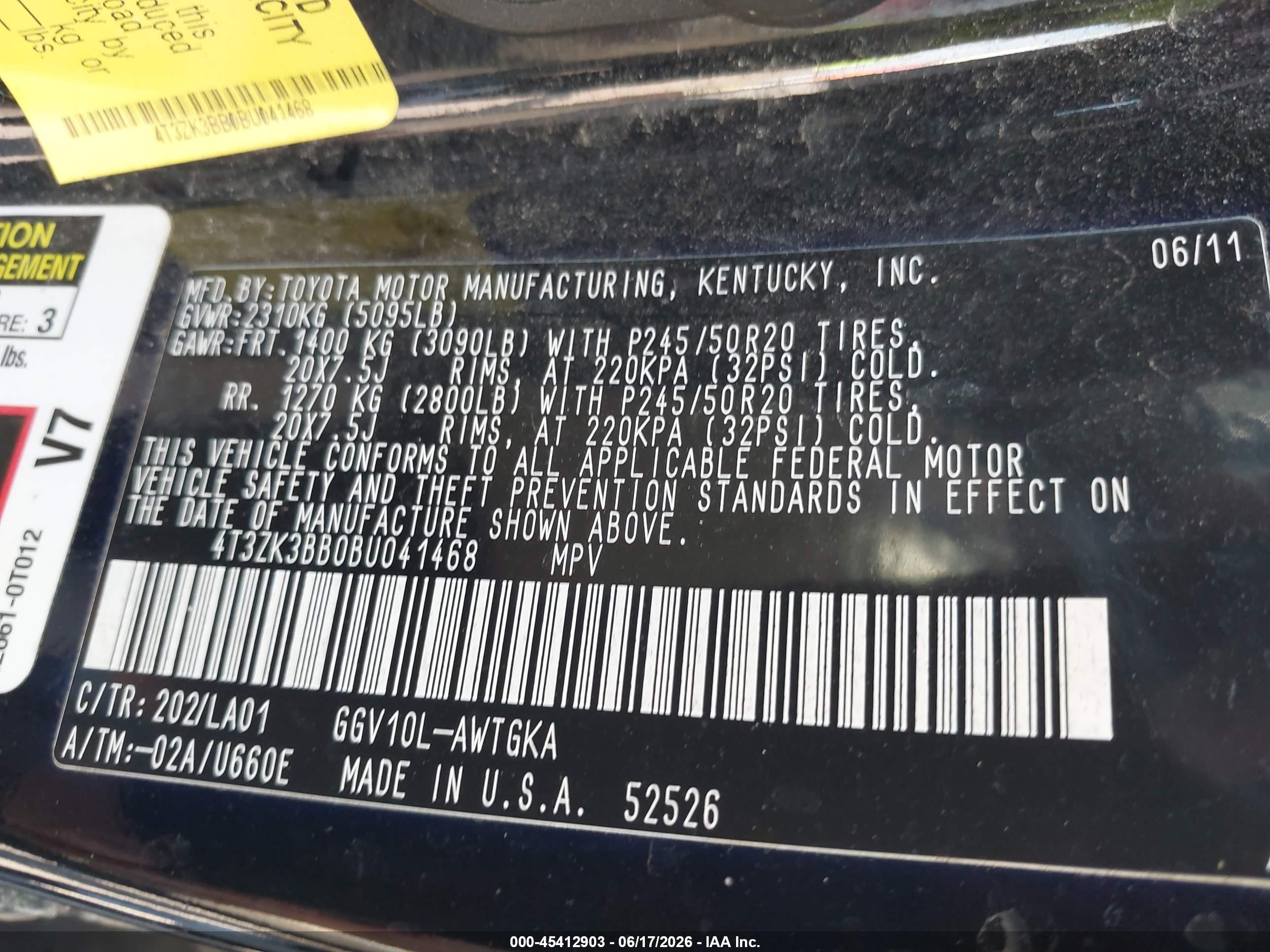 2011 Toyota Venza Base V6 Black vin: 4T3ZK3BB0BU041468