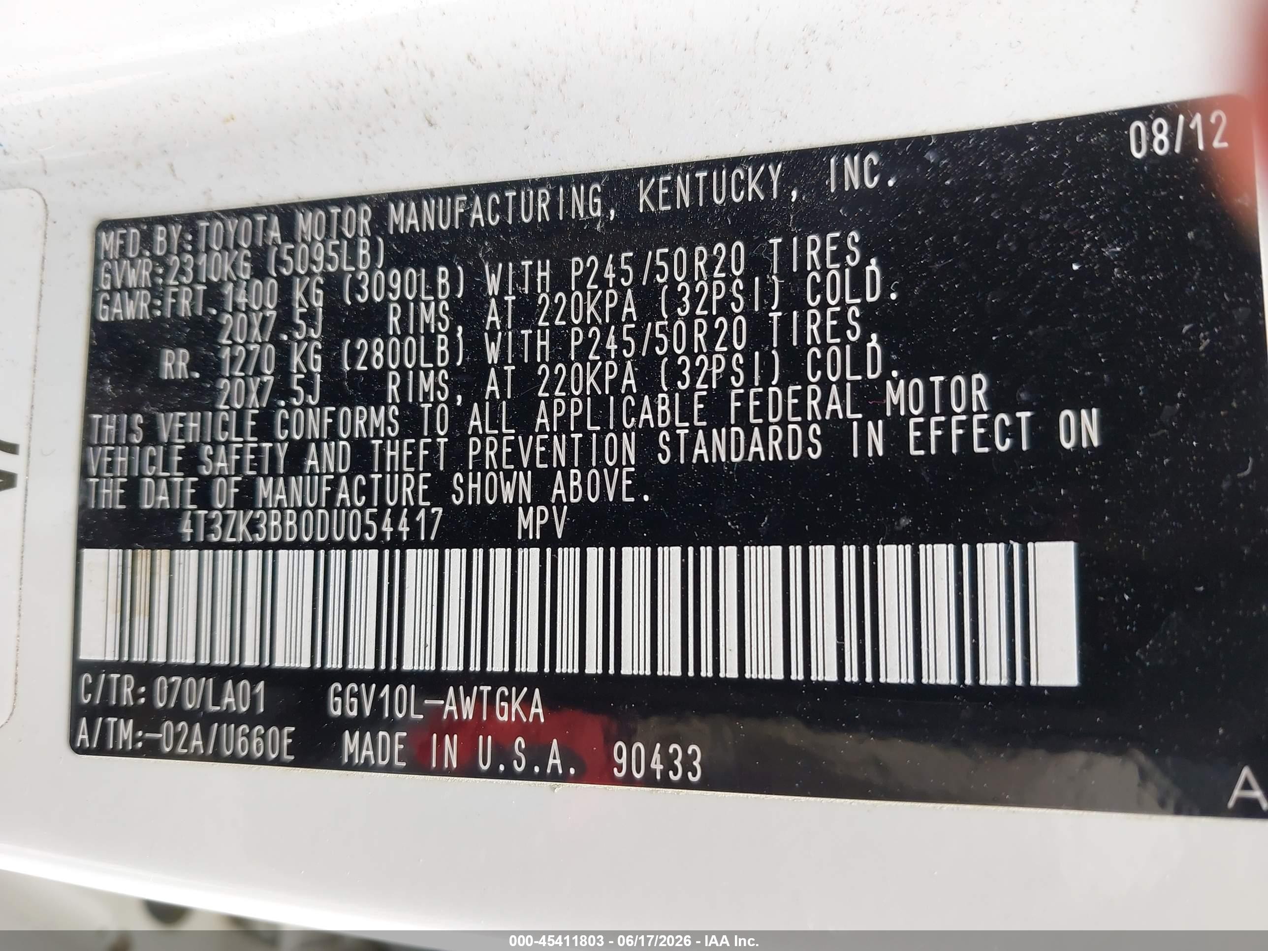 2013 Toyota Venza Limited V6 White vin: 4T3ZK3BB0DU054417