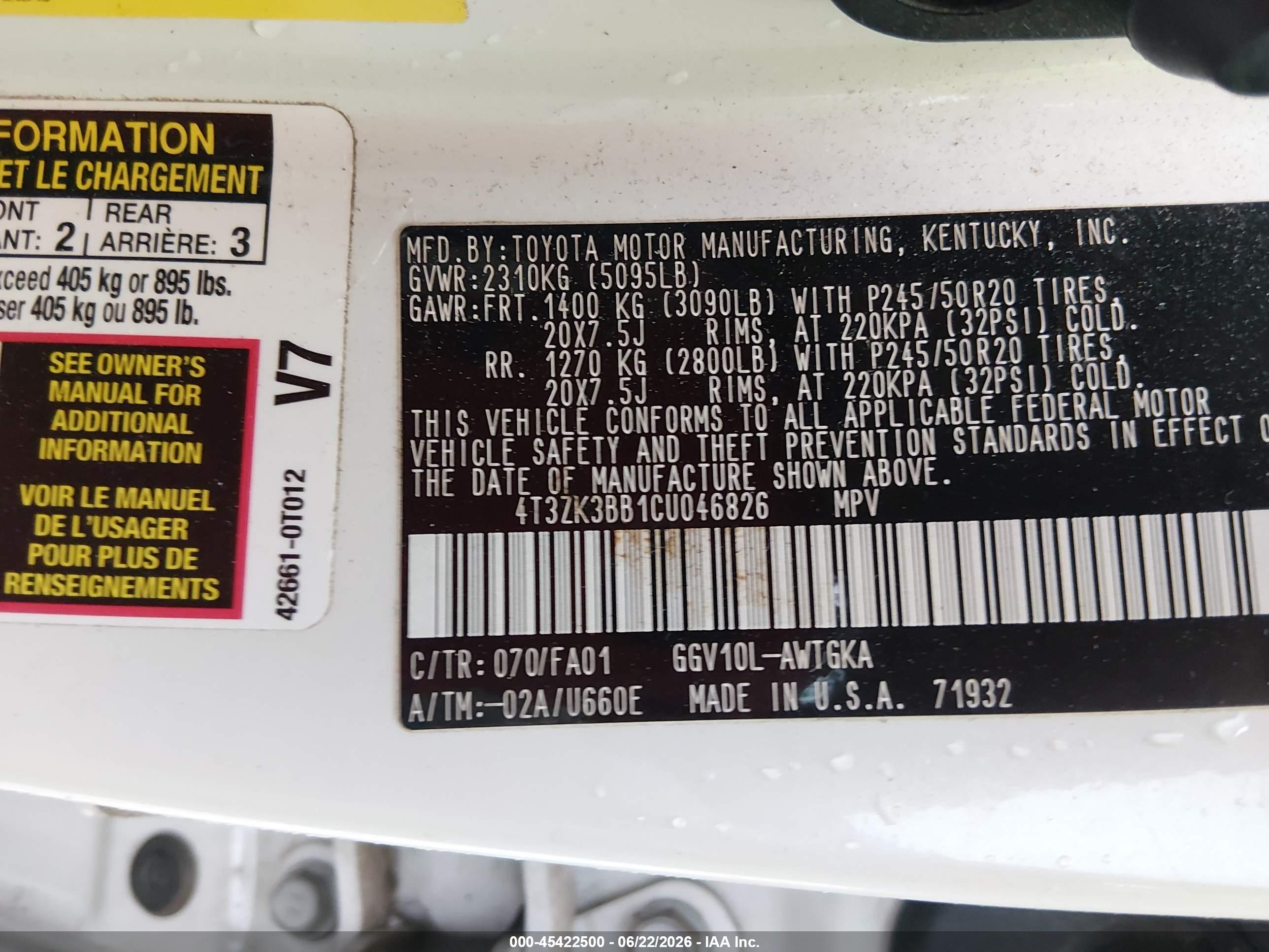 2012 Toyota Venza Le V6 White vin: 4T3ZK3BB1CU046826