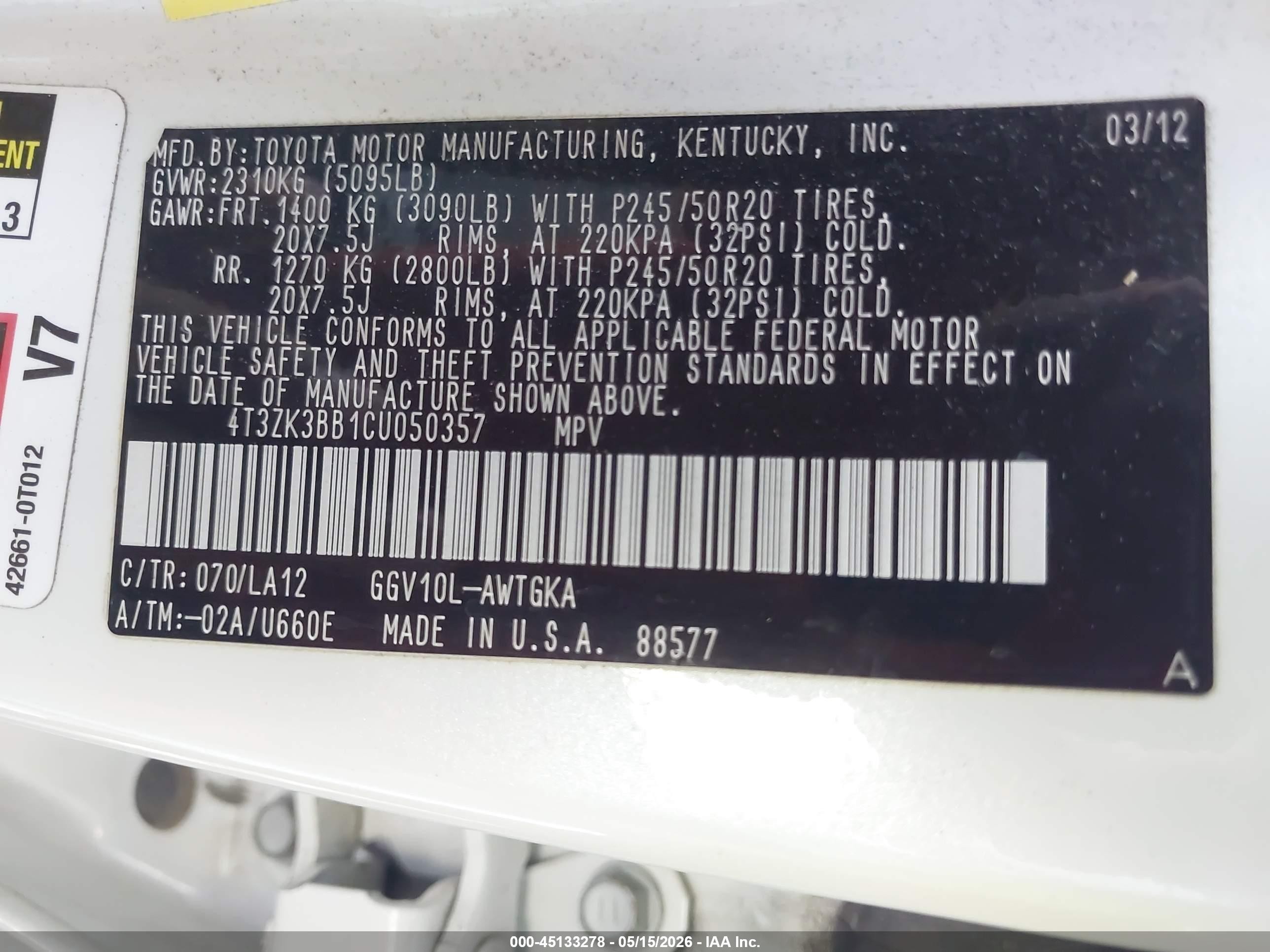 2012 Toyota Venza Xle V6 White vin: 4T3ZK3BB1CU050357