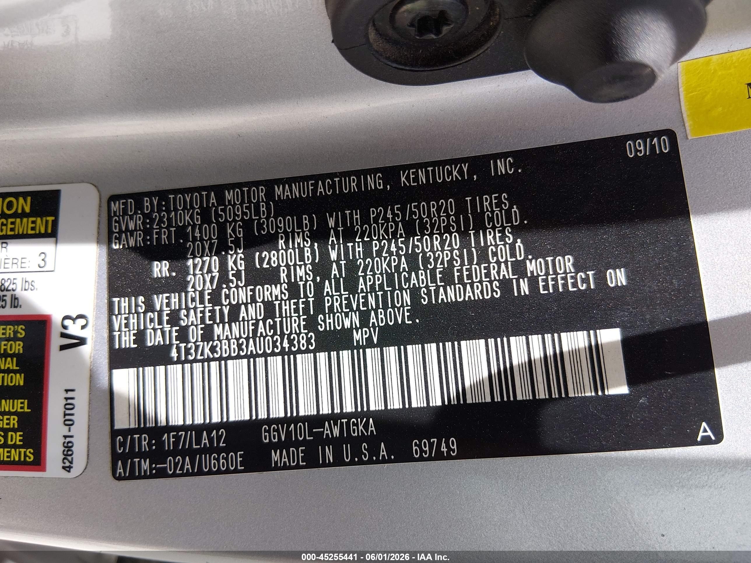 2010 Toyota Venza Base V6 Gray vin: 4T3ZK3BB3AU034383