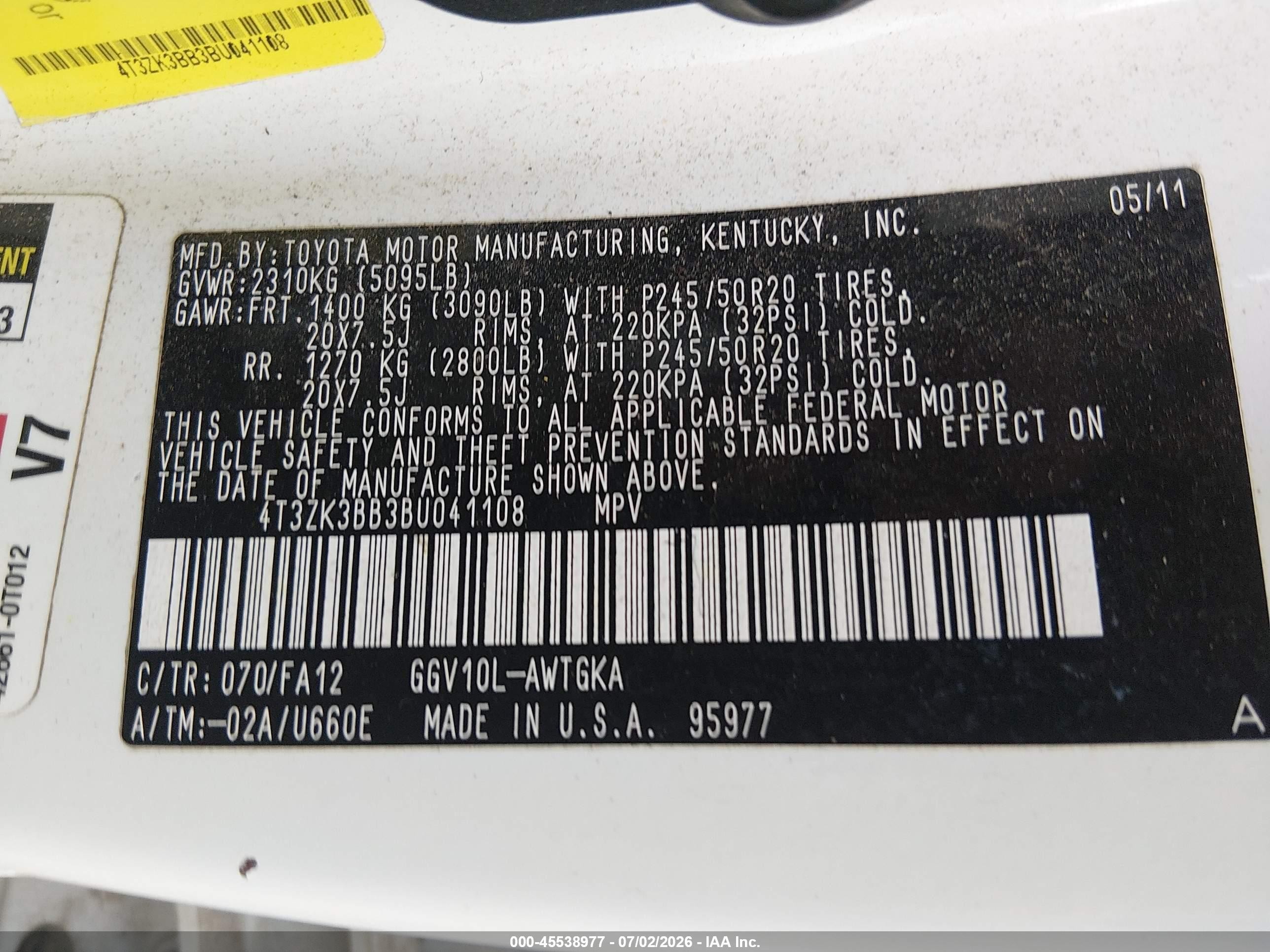 2011 Toyota Venza Base V6 White vin: 4T3ZK3BB3BU041108