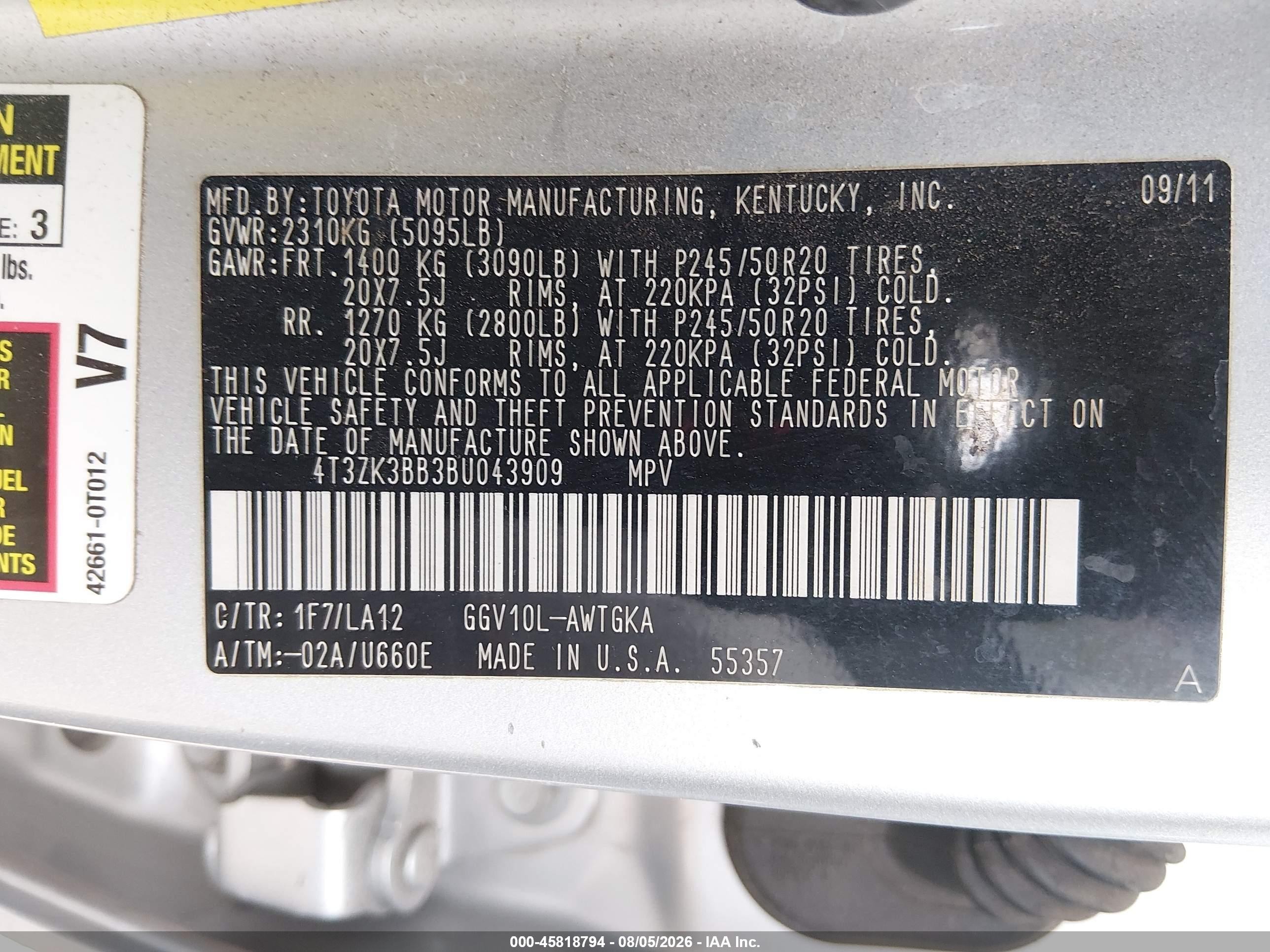 2011 Toyota Venza Base V6 Silver vin: 4T3ZK3BB3BU043909