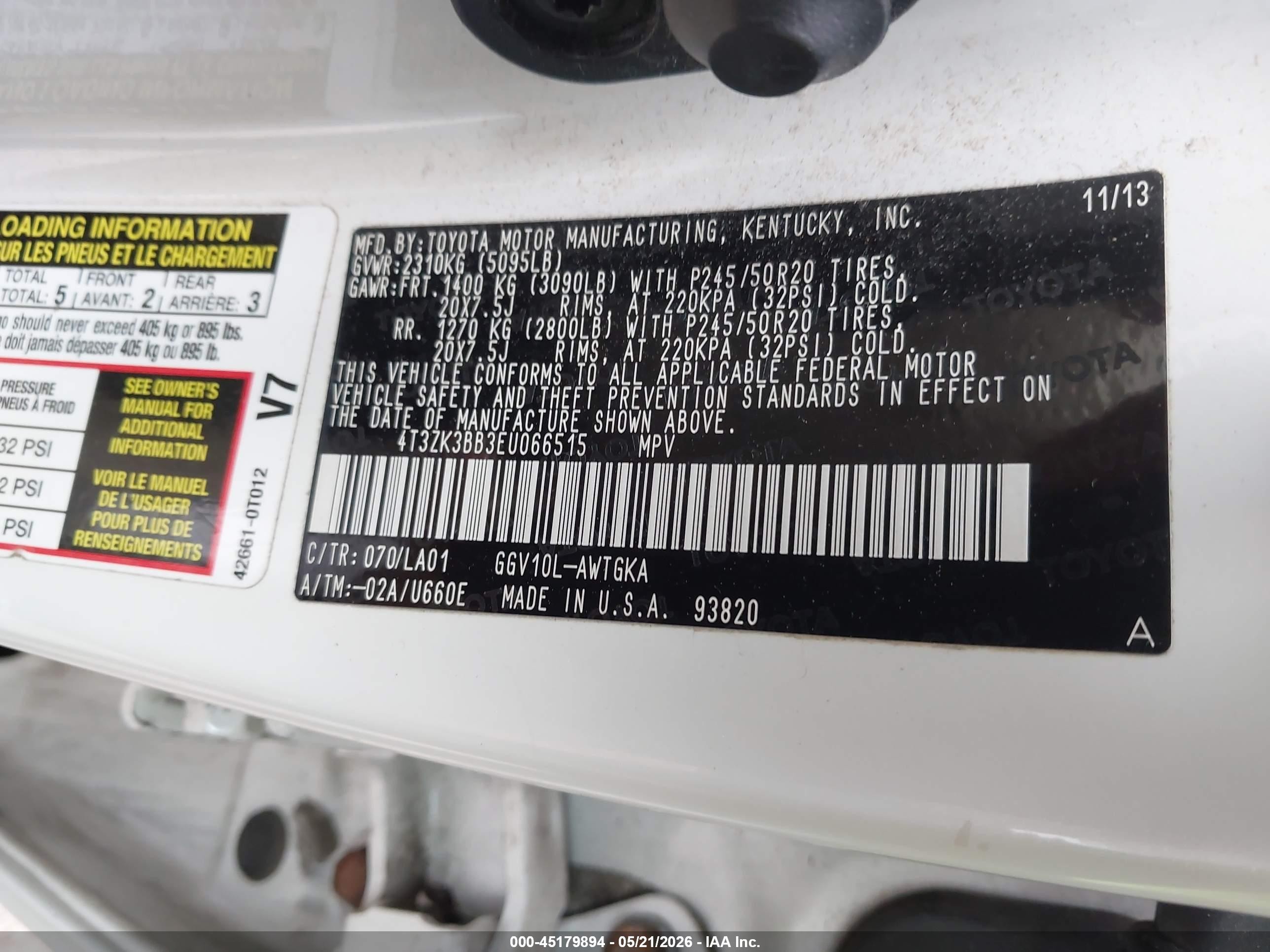 2014 Toyota Venza Xle V6 White vin: 4T3ZK3BB3EU066515