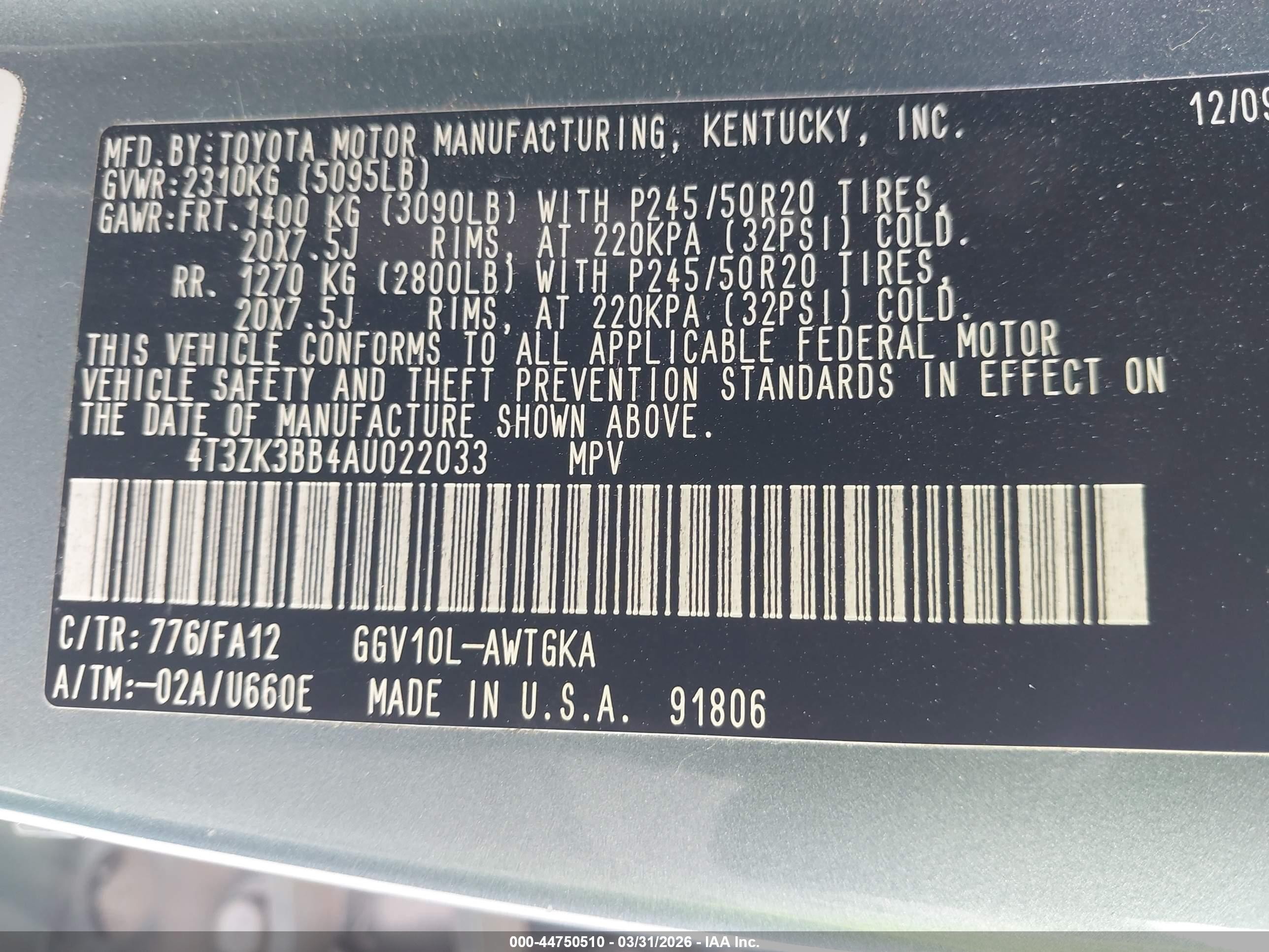2010 Toyota Venza Base V6 Blue vin: 4T3ZK3BB4AU022033