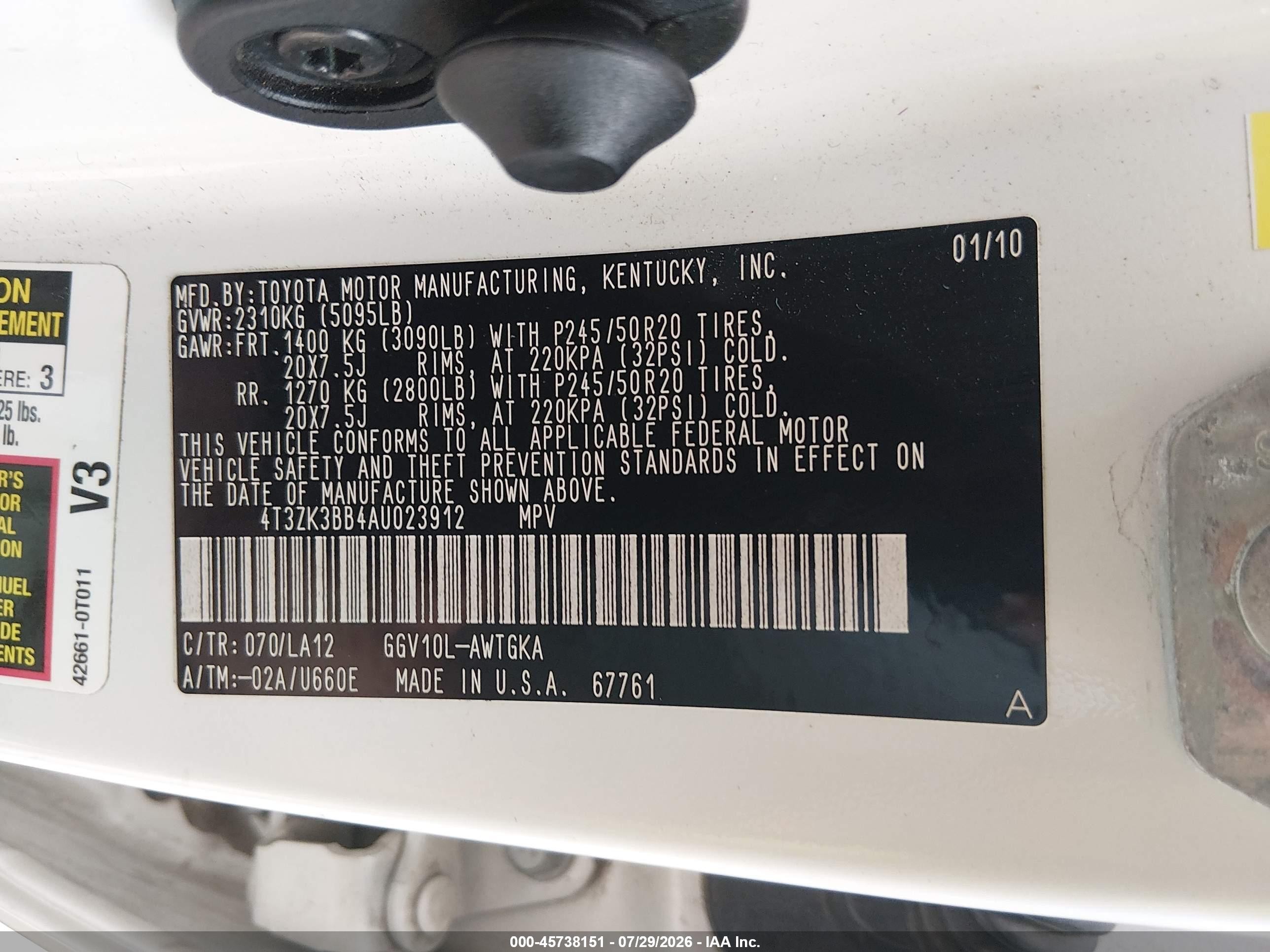 2010 Toyota Venza Base V6 White vin: 4T3ZK3BB4AU023912