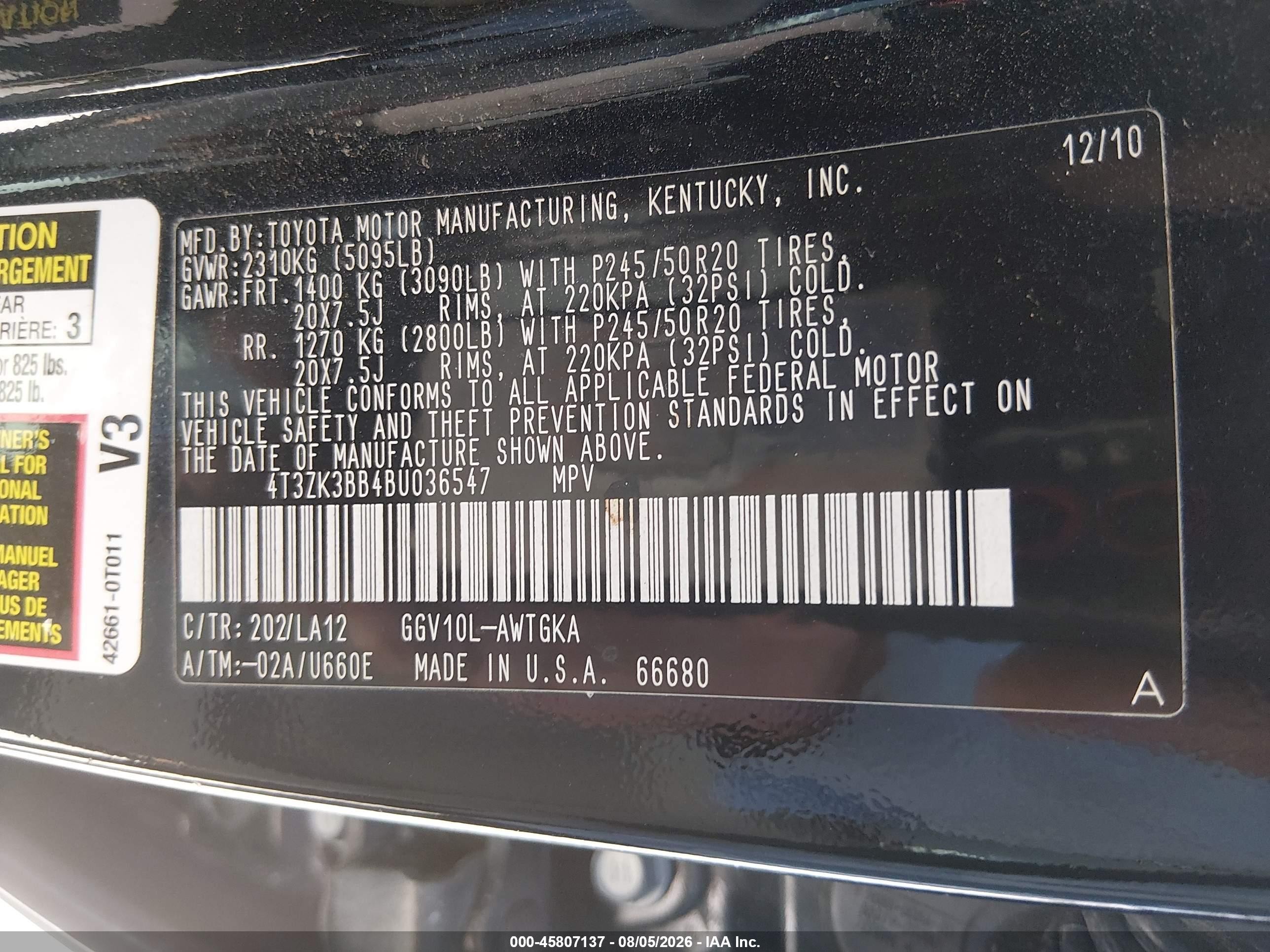 2011 Toyota Venza Base V6 Black vin: 4T3ZK3BB4BU036547