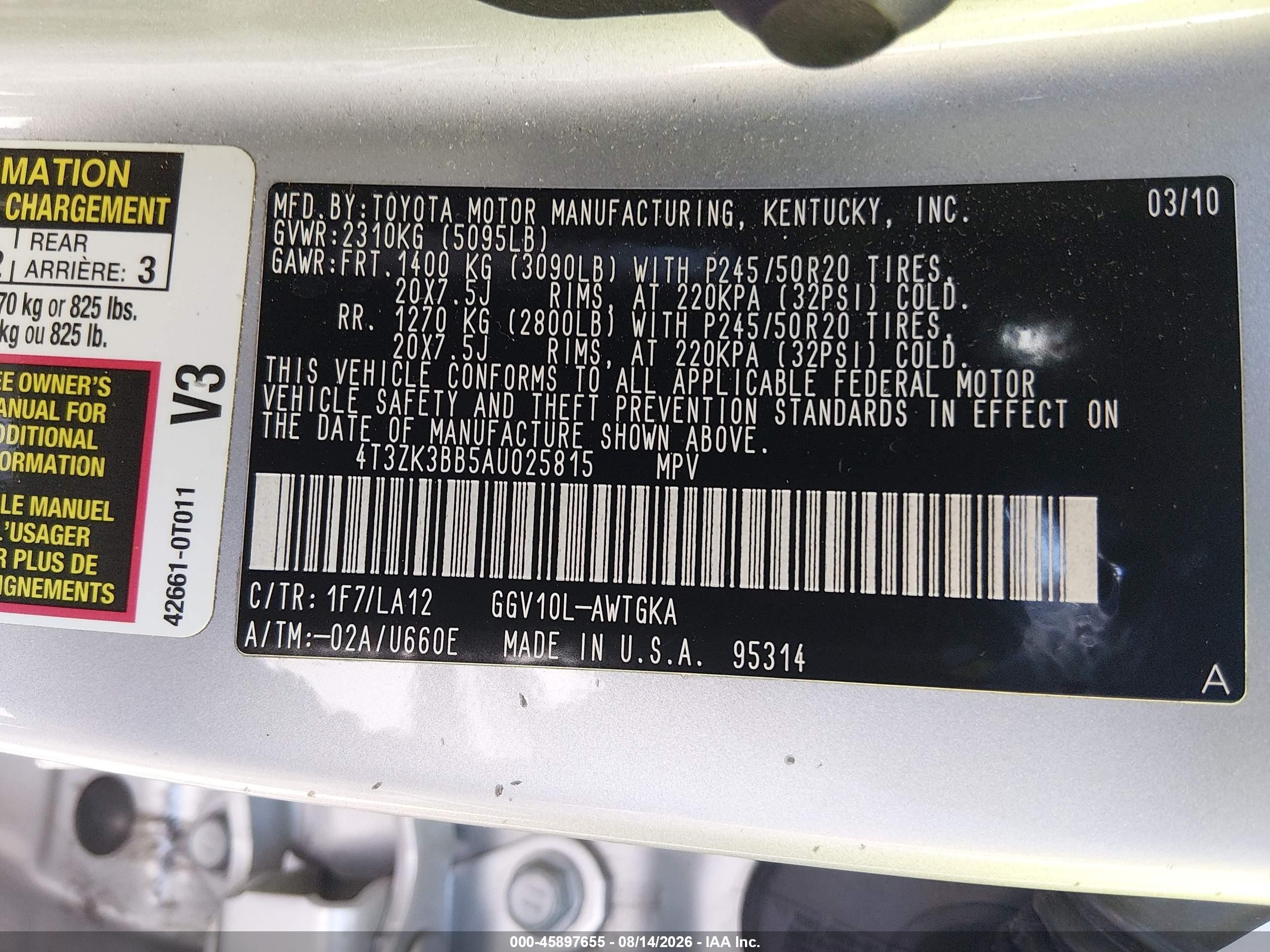 2010 Toyota Venza Base V6 Silver vin: 4T3ZK3BB5AU025815