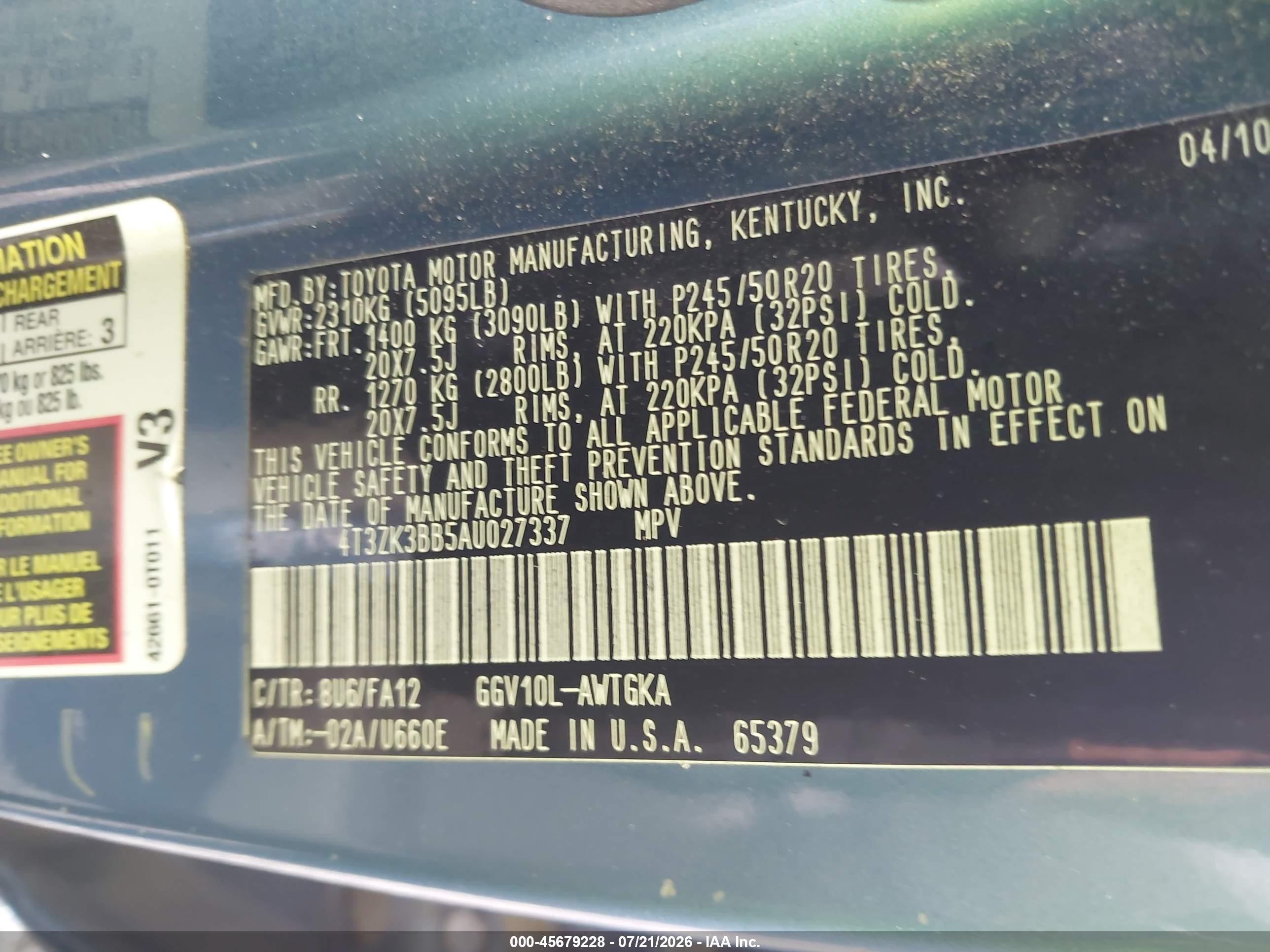 2010 Toyota Venza Base V6 Light Blue vin: 4T3ZK3BB5AU027337