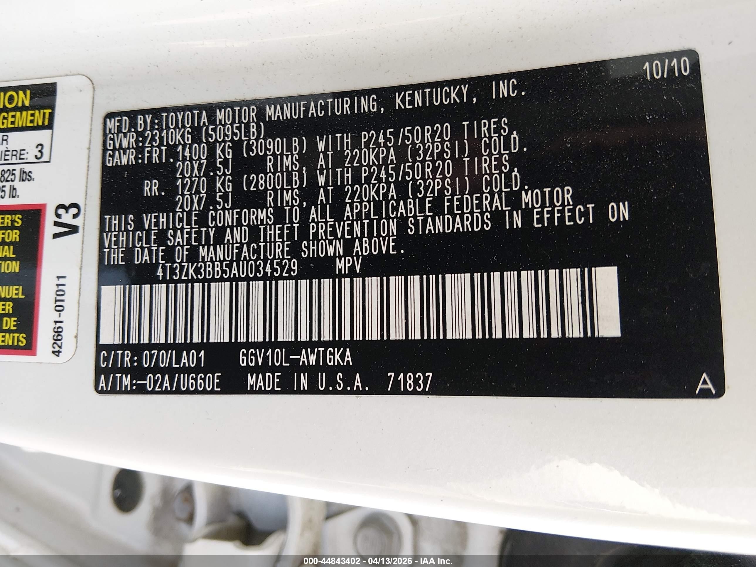 2010 Toyota Venza Base V6 White vin: 4T3ZK3BB5AU034529