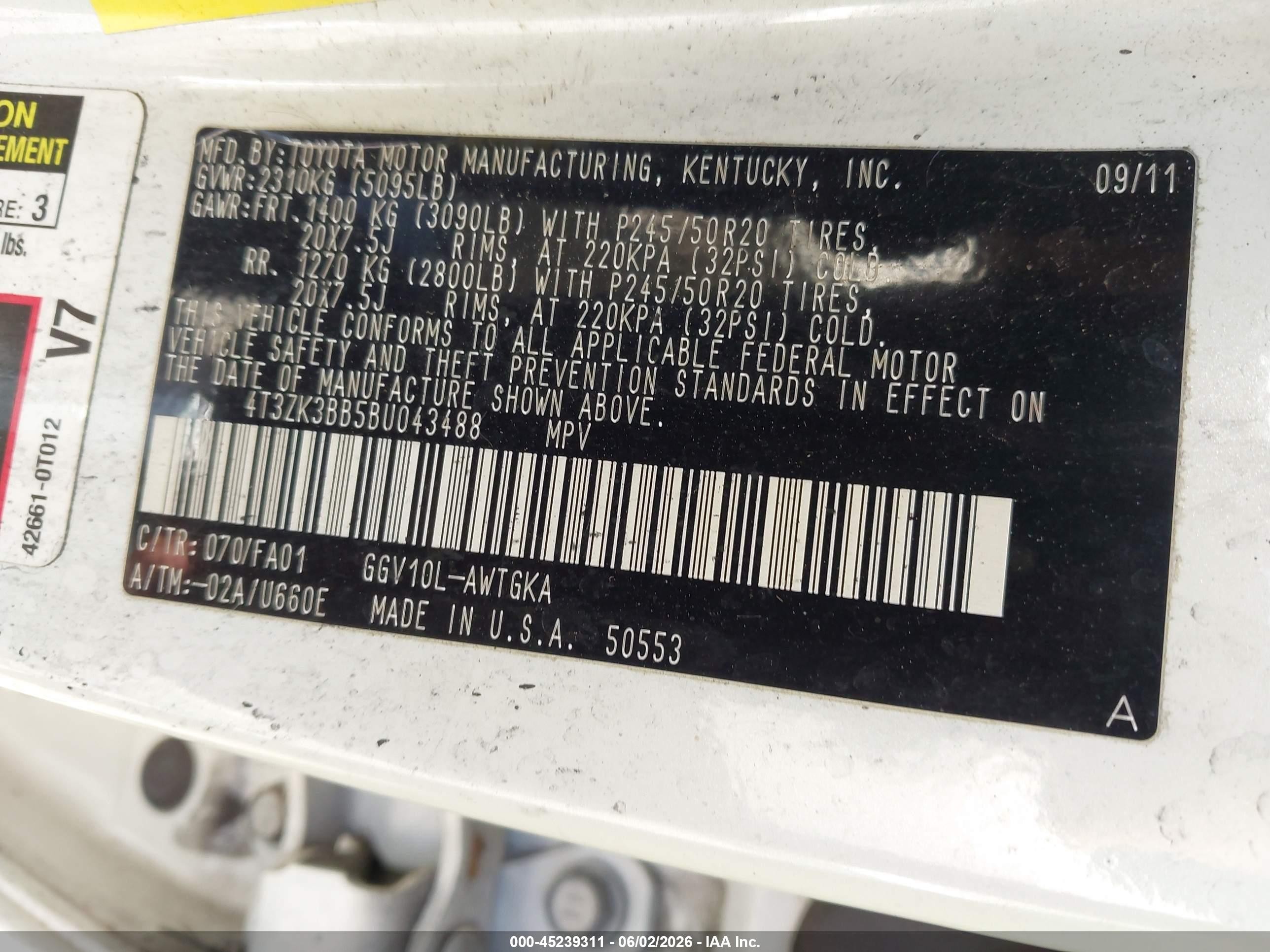 2011 Toyota Venza Base V6 White vin: 4T3ZK3BB5BU043488